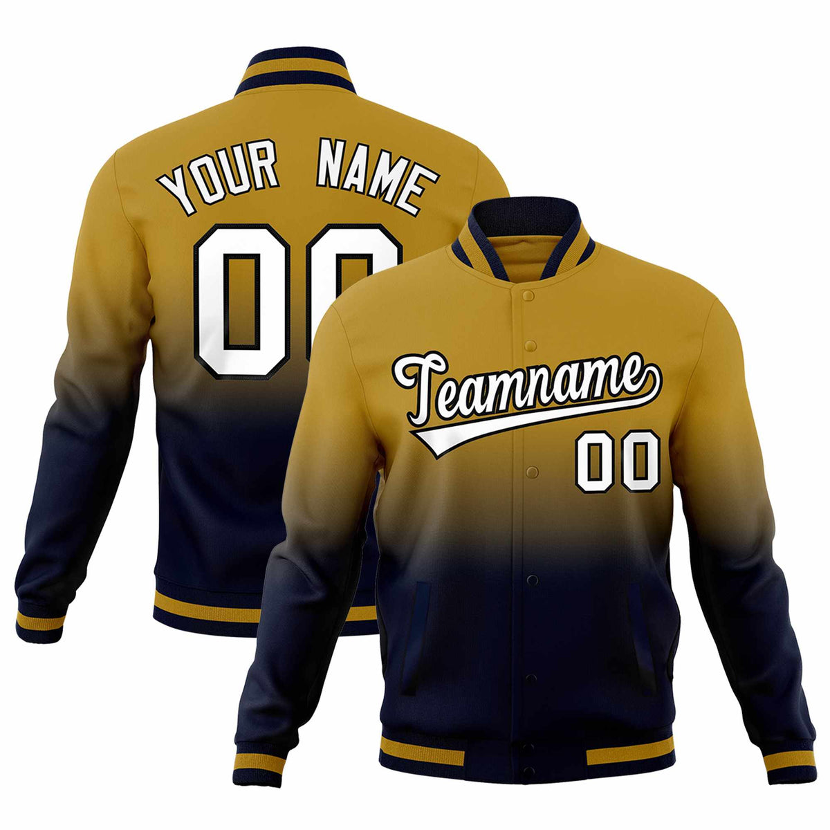 Custom Old Gold Navy Full-Snap Varsity Personalization Gradient Fashion Letterman Jacket| KXKSHOP