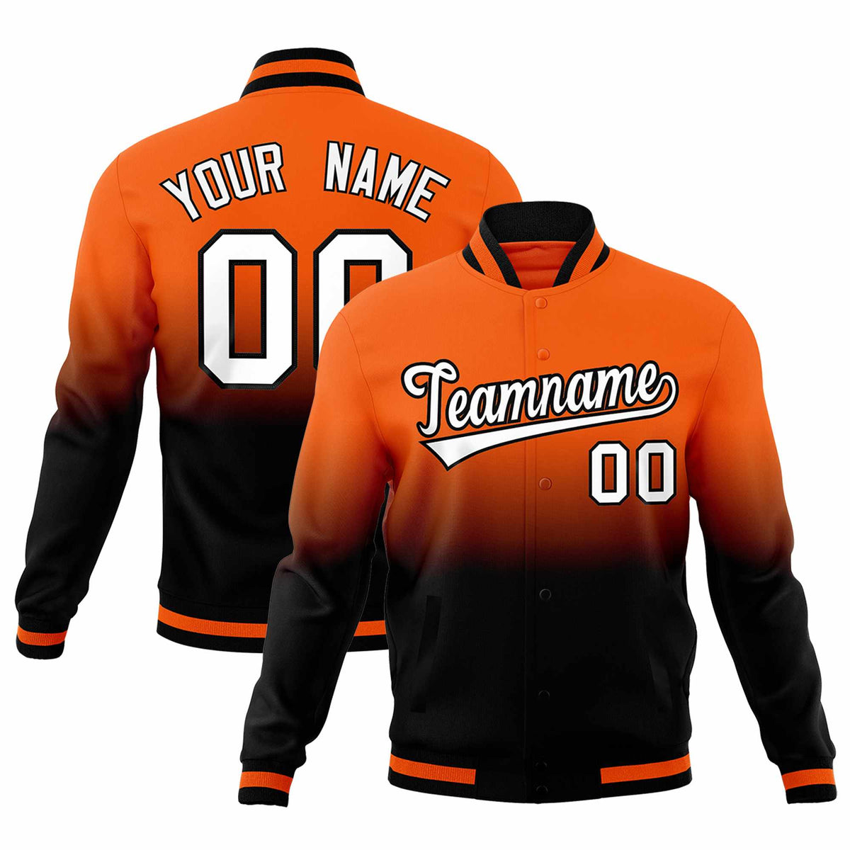 Custom Orange Black Full-Snap Varsity Personalization Gradient Fashion Letterman Jacket| KXKSHOP