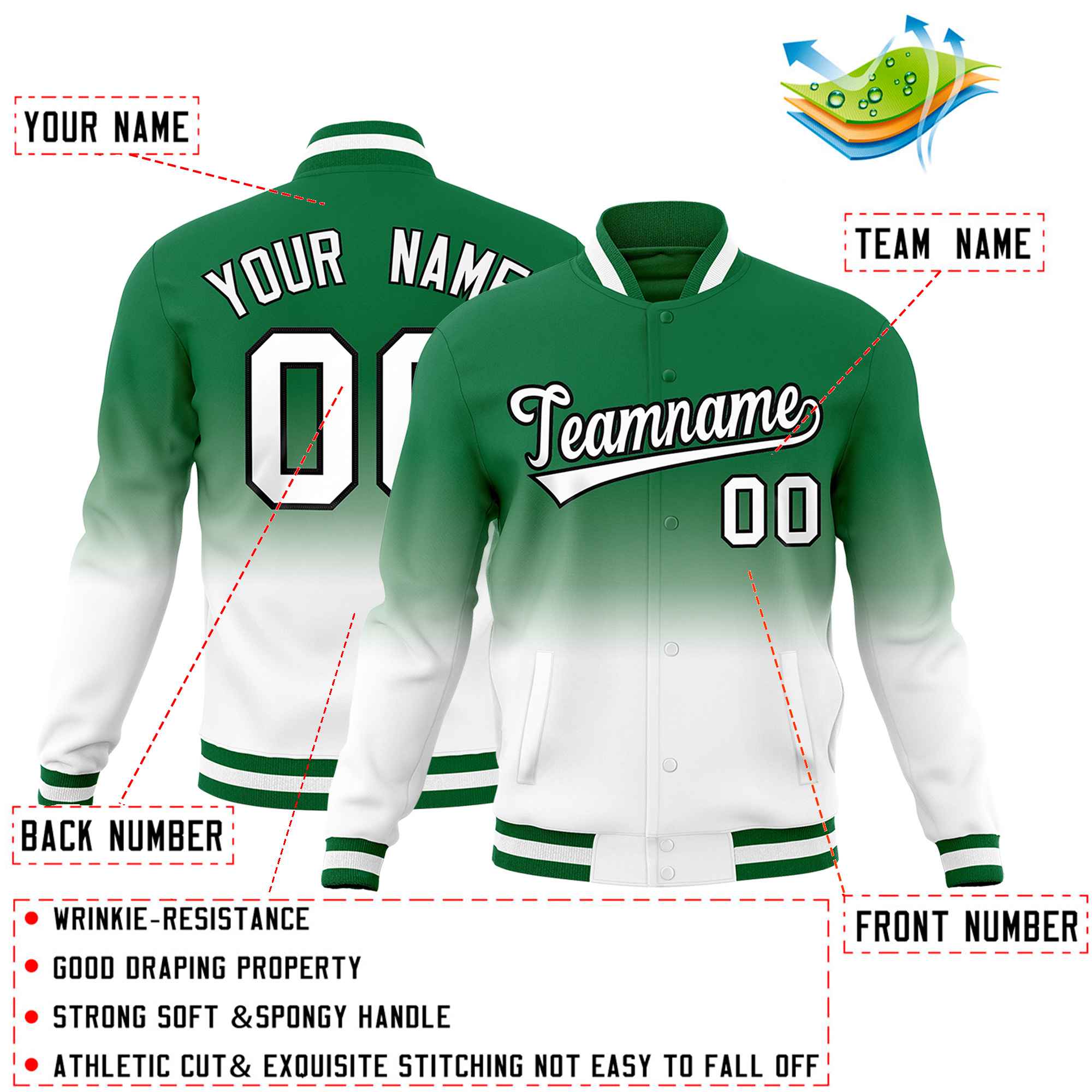 Custom Kelly Green White Full-Snap Varsity Personalization Gradient Fashion Letterman Jacket| KXKSHOP