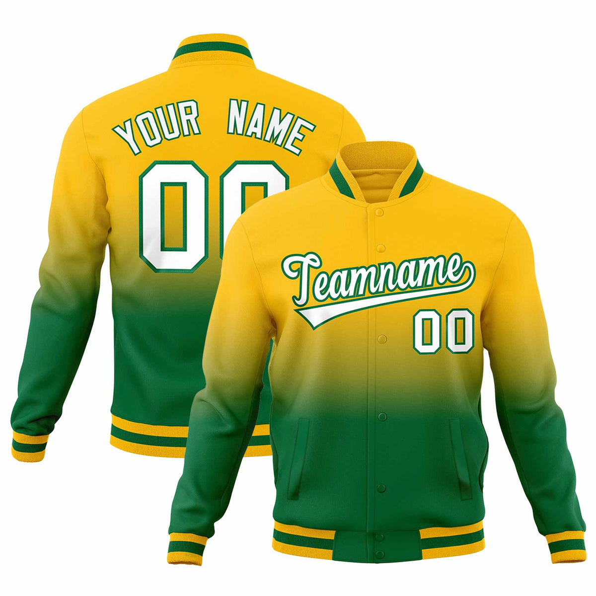 Custom Yellow Kelly Green Full-Snap Varsity Personalization Gradient Fashion Letterman Jacket| KXKSHOP
