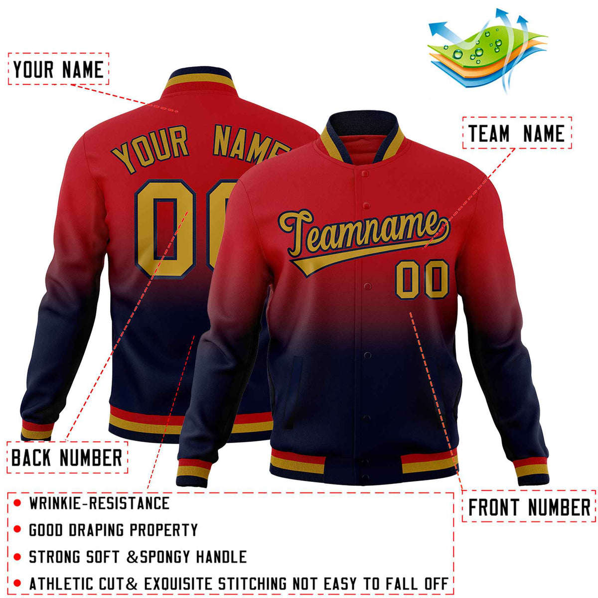 Custom Red Navy Full-Snap Varsity Personalization Gradient Fashion Letterman Jacket| KXKSHOP