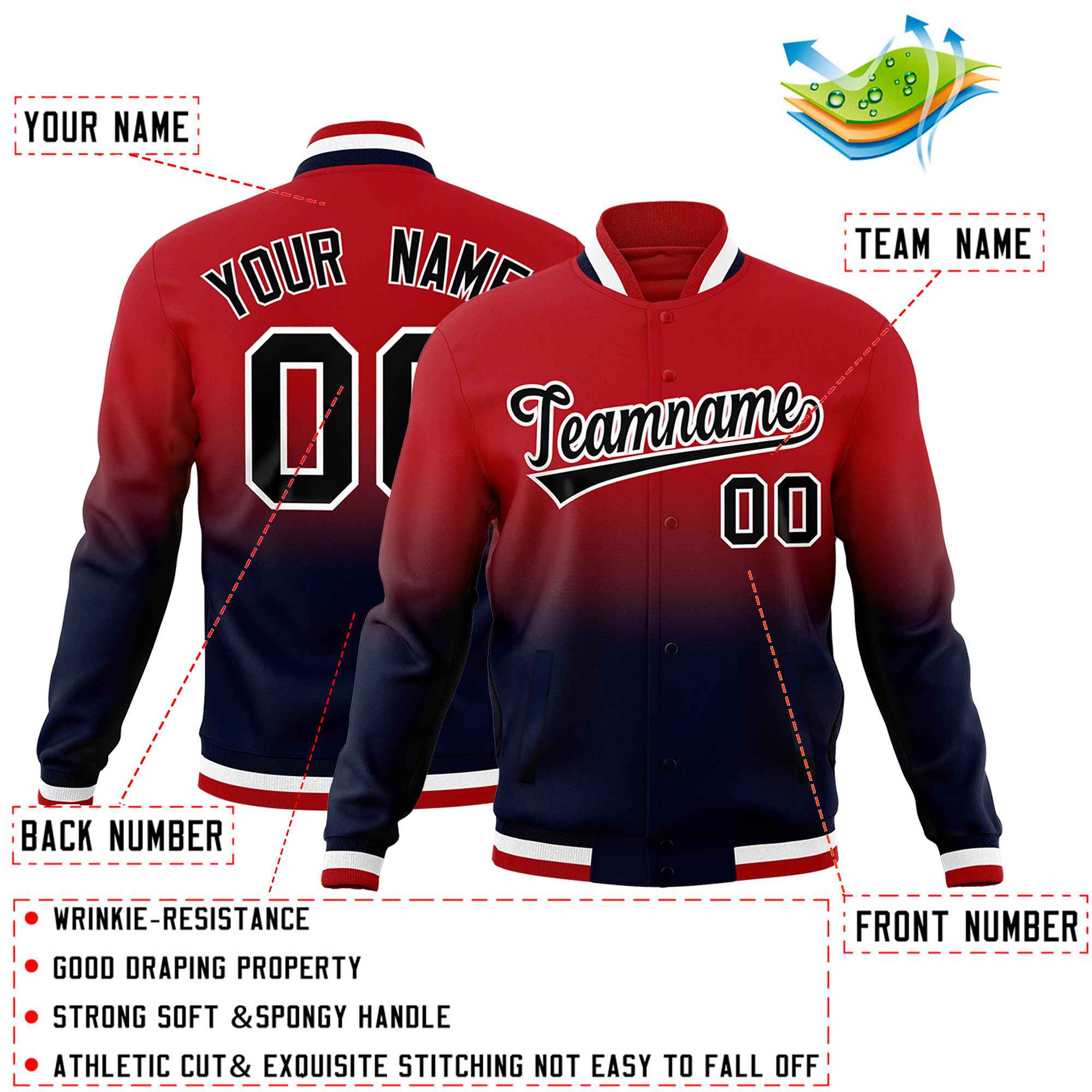 Custom Red Navy Full-Snap Varsity Personalization Gradient Fashion Letterman Jacket| KXKSHOP