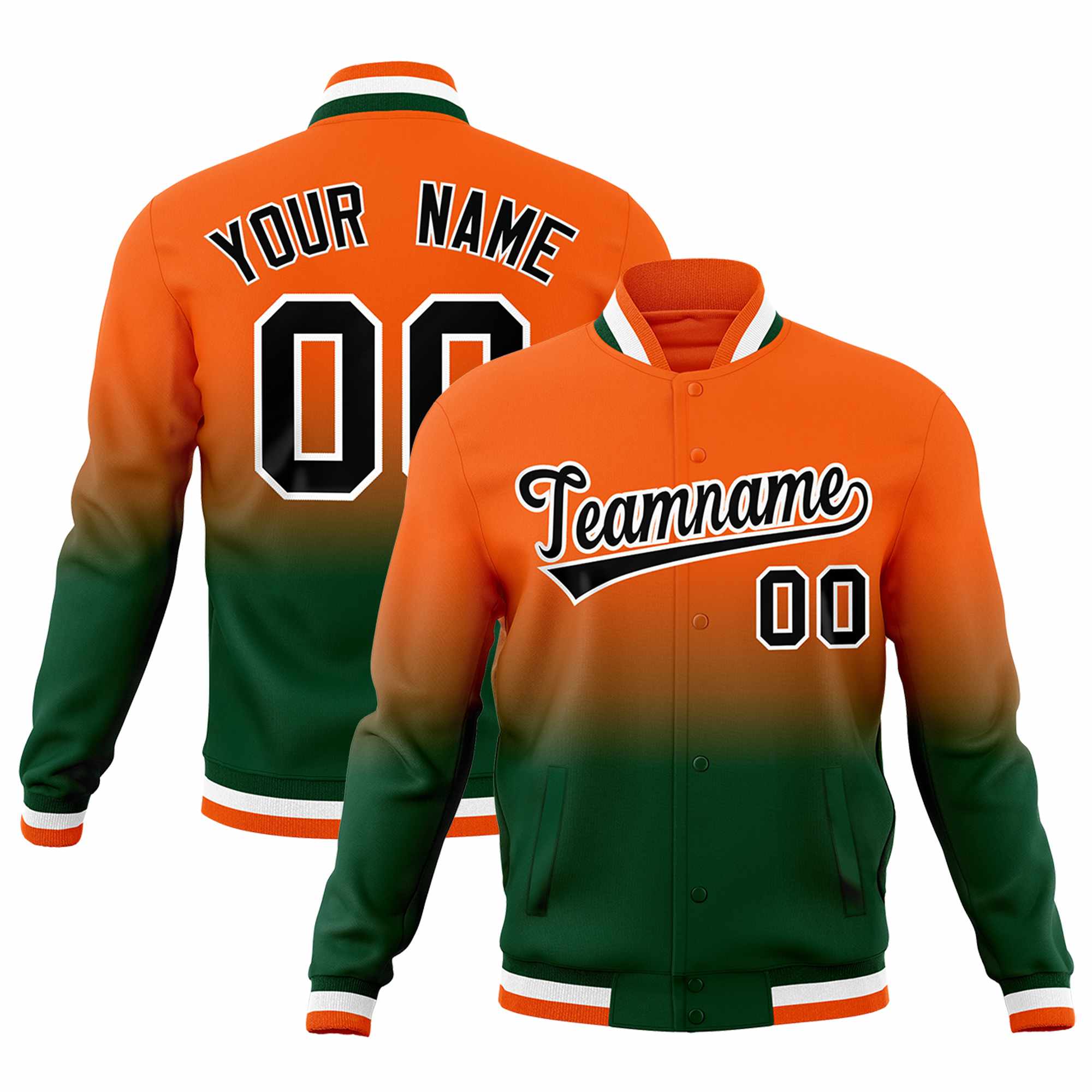 Custom Orange Green Full-Snap Varsity Personalization Gradient Fashion Letterman Jacket| KXKSHOP
