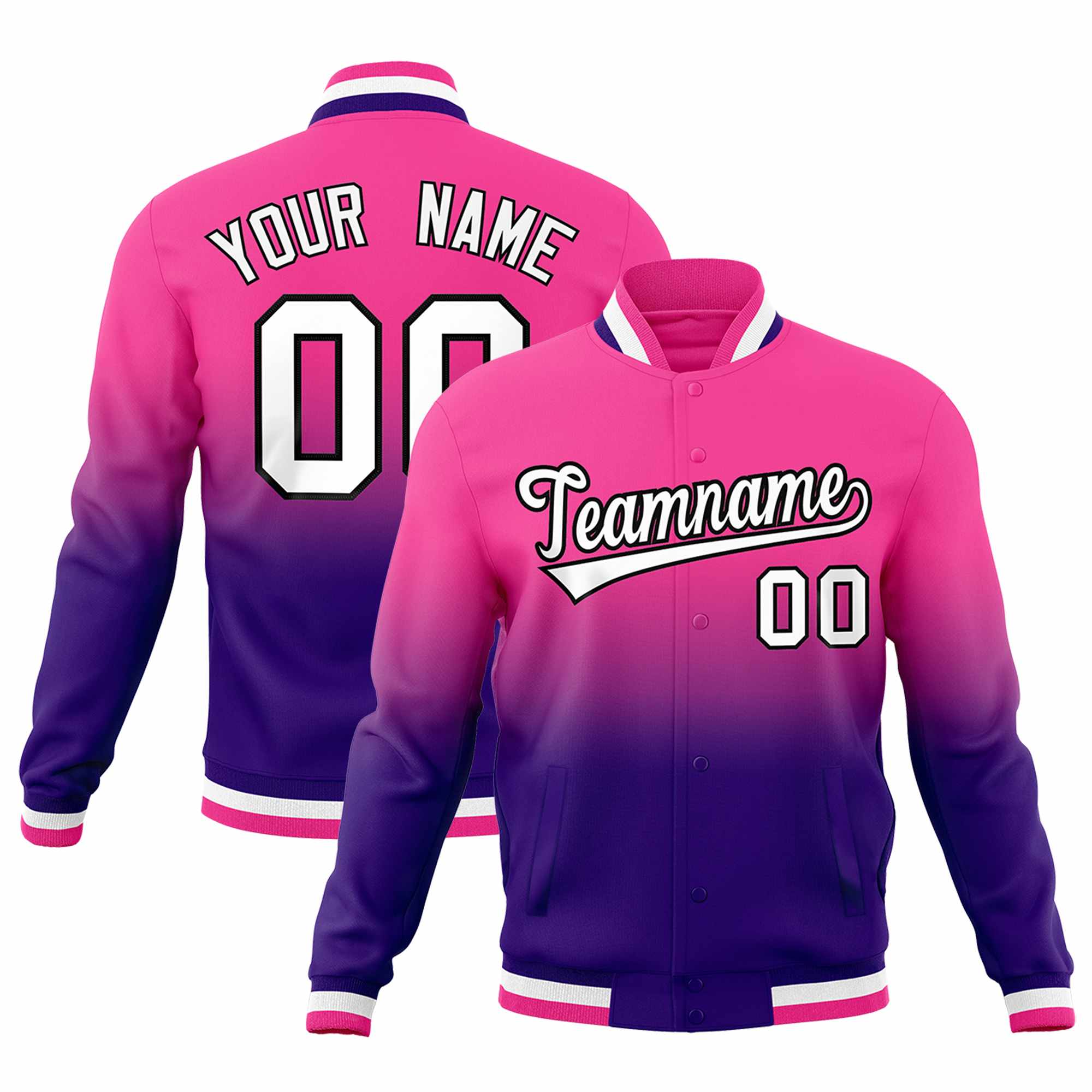 Custom Purple Pink Full-Snap Varsity Personalization Gradient Fashion Letterman Jacket| KXKSHOP