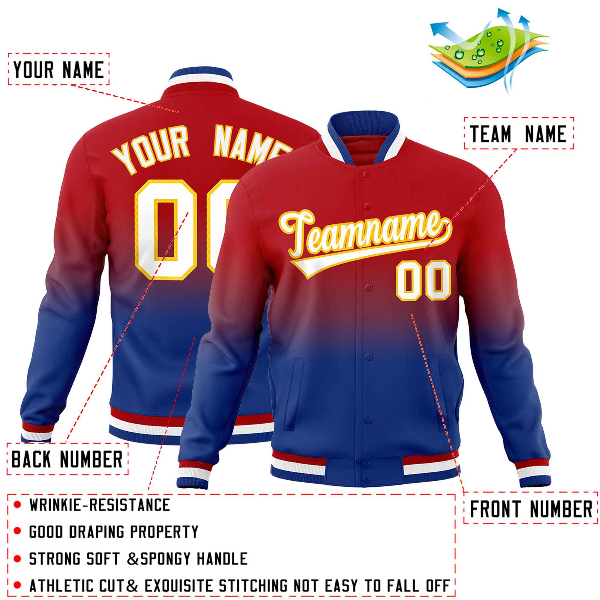 Custom Red Royal Full-Snap Varsity Personalization Gradient Fashion Letterman Jacket| KXKSHOP
