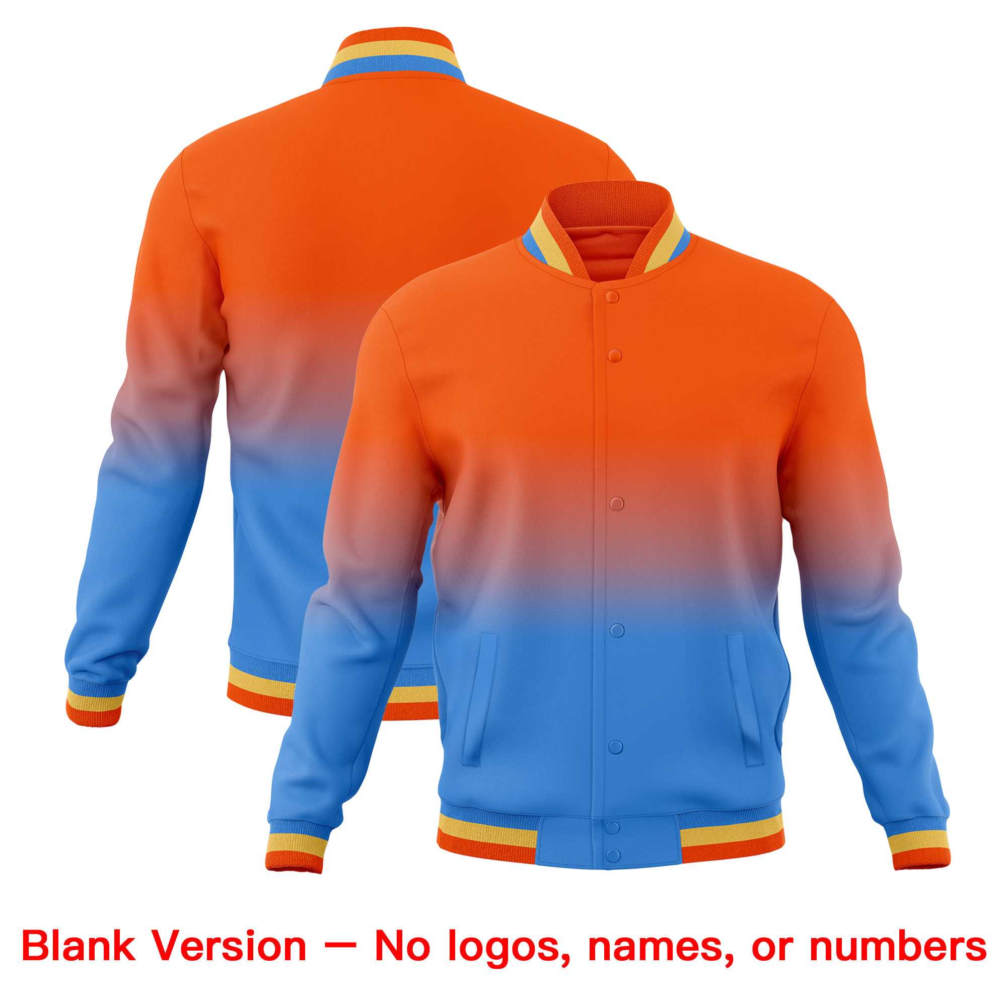 Custom Orange Powder Blue Full-Snap Varsity Personalization Gradient Fashion Letterman Jacket| KXKSHOP