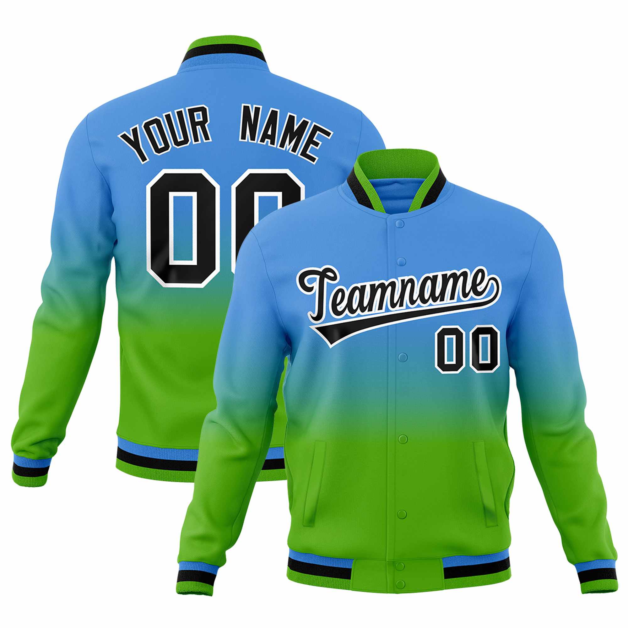 Custom Powder Blue Green Full-Snap Varsity Personalization Gradient Fashion Letterman Jacket| KXKSHOP