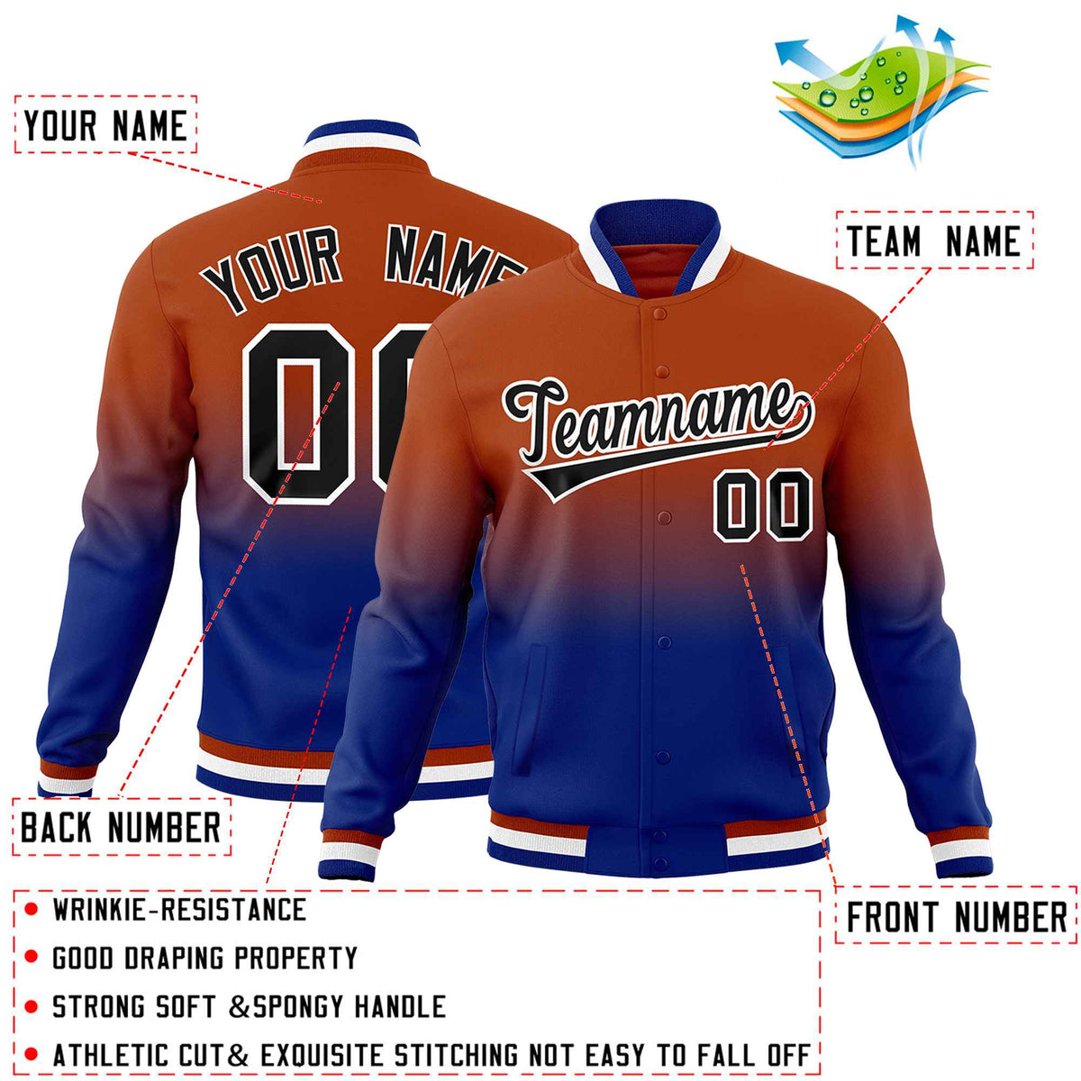 Custom Dark Orange Royal Blue Full-Snap Varsity Personalization Gradient Fashion Letterman Jacket| KXKSHOP