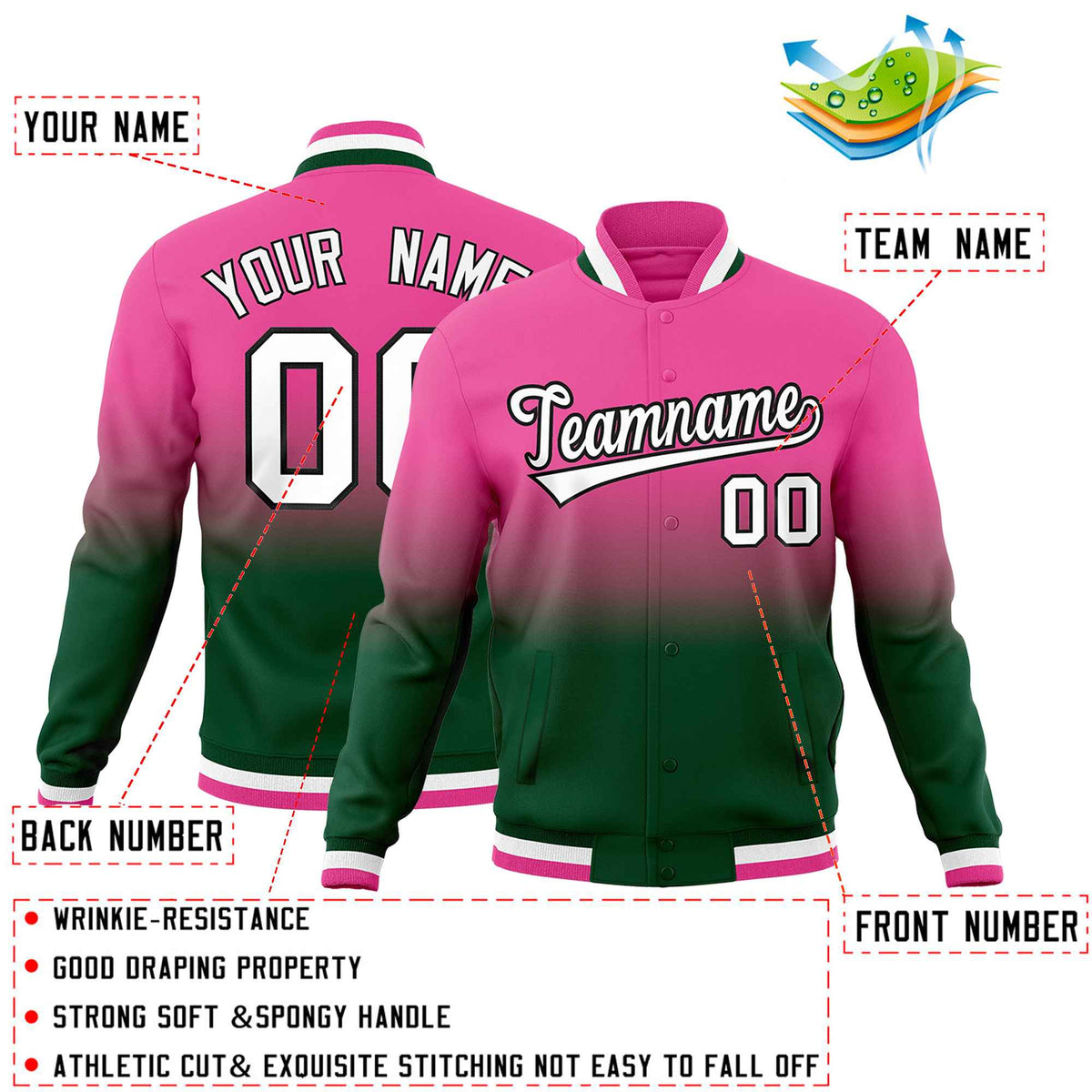 Custom Green Pink Full-Snap Varsity Personalization Gradient Fashion Letterman Jacket| KXKSHOP