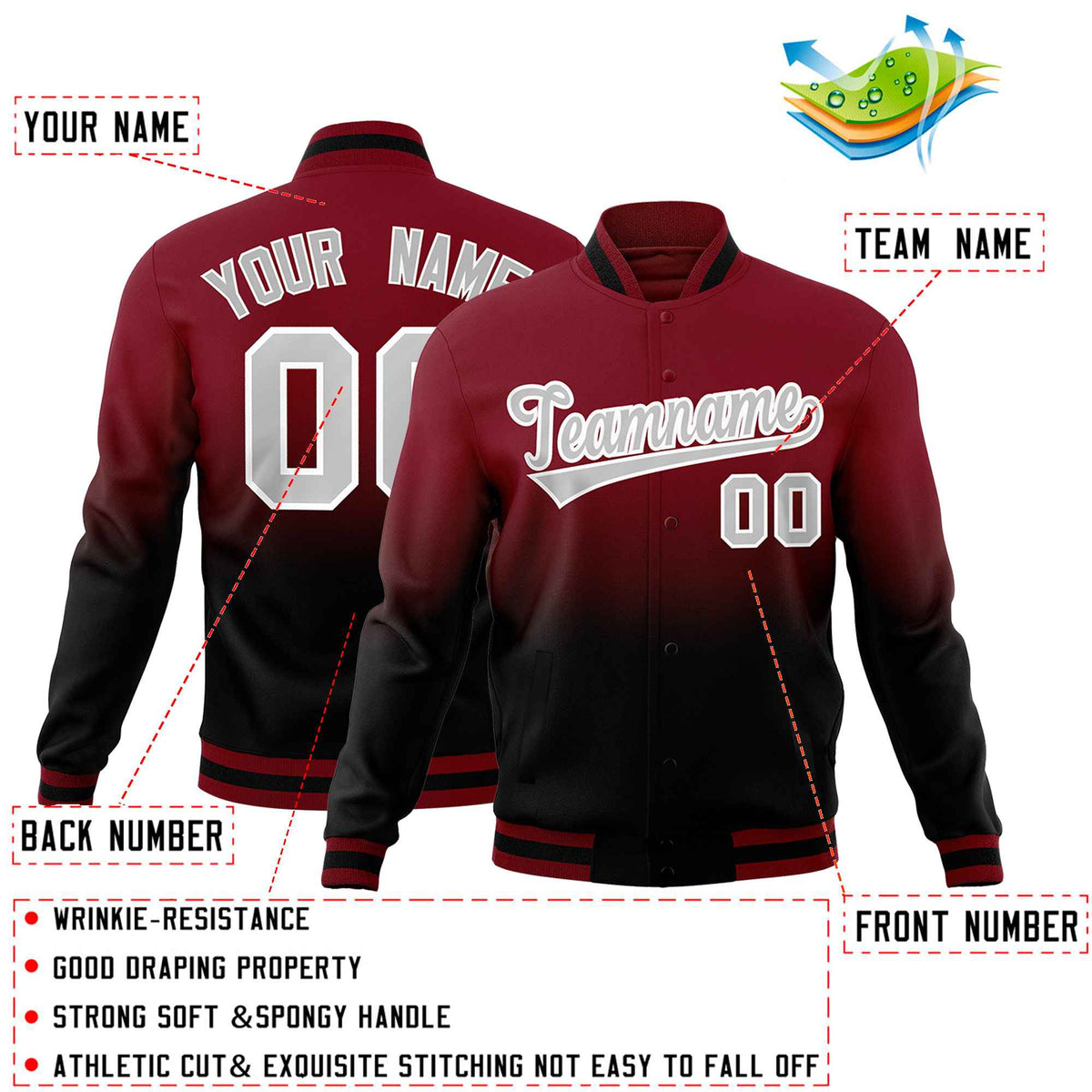 Custom Crimson Black Full-Snap Varsity Personalization Gradient Fashion Letterman Jacket| KXKSHOP