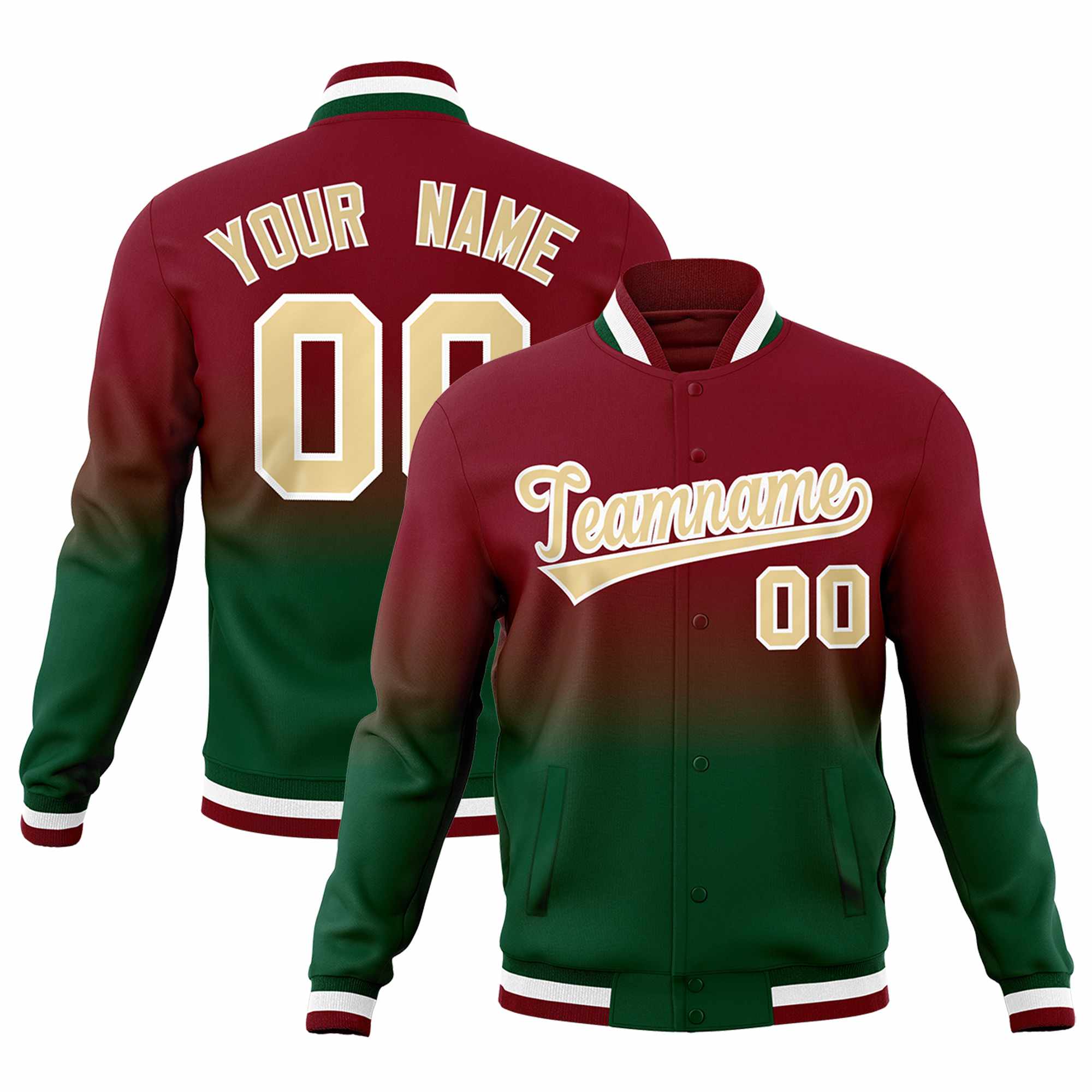 Custom Green Crimson Full-Snap Varsity Personalization Gradient Fashion Letterman Jacket| KXKSHOP
