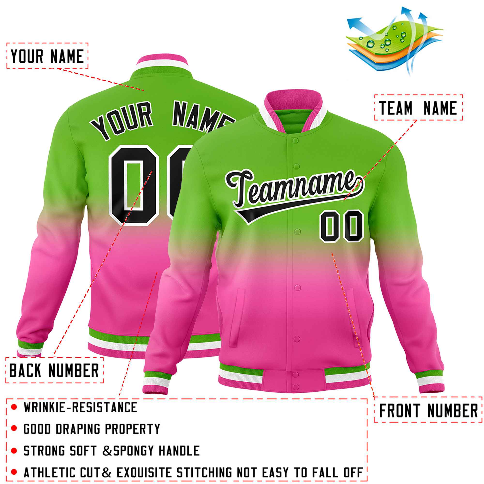 Custom Green Pink Full-Snap Varsity Personalization Gradient Fashion Letterman Jacket| KXKSHOP