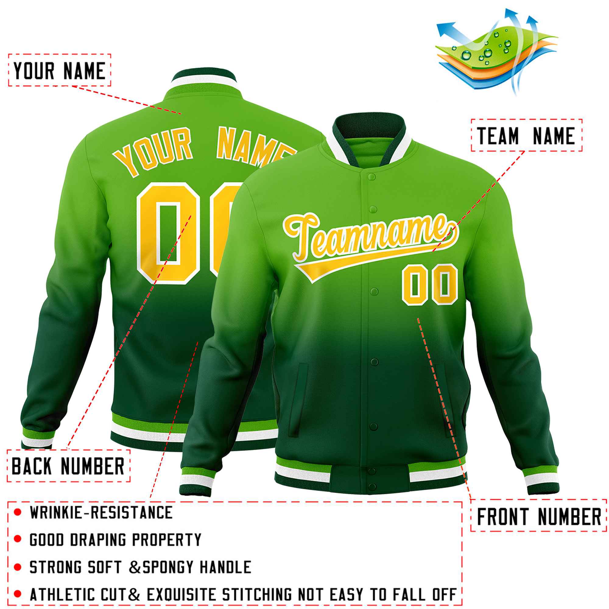 Custom Green Gold Full-Snap Varsity Personalization Gradient Fashion Letterman Jacket| KXKSHOP