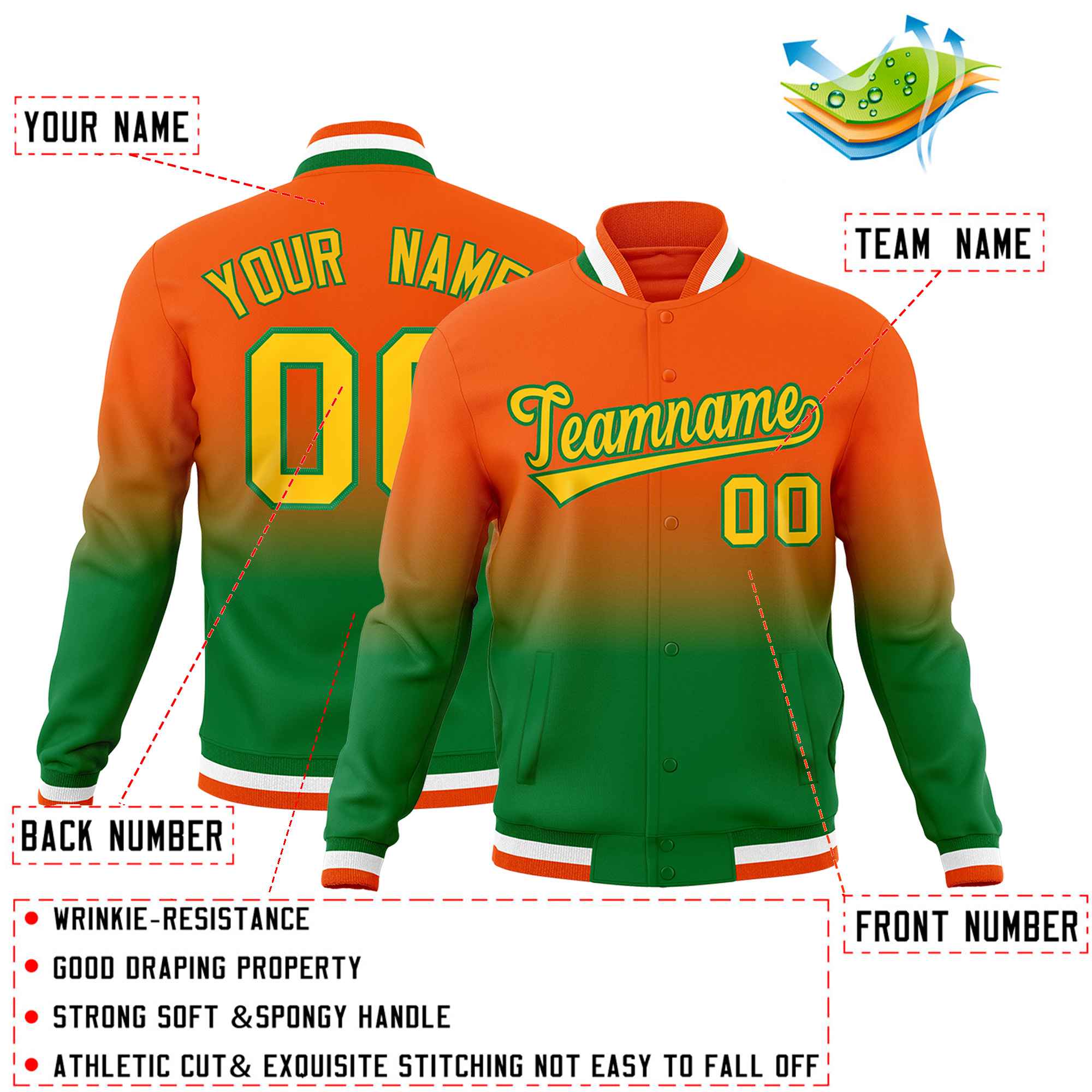 Custom Kelly Green Orange Full-Snap Varsity Personalization Gradient Fashion Letterman Jacket| KXKSHOP