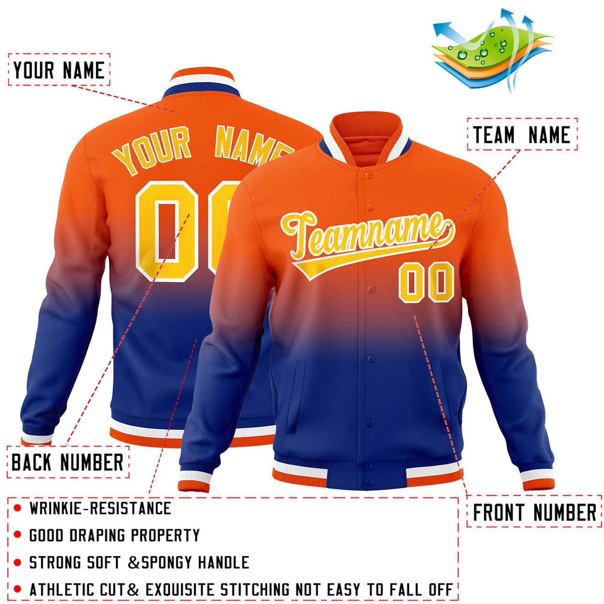 Custom Orange Royal Full-Snap Varsity Personalization Gradient Fashion Letterman Jacket| KXKSHOP