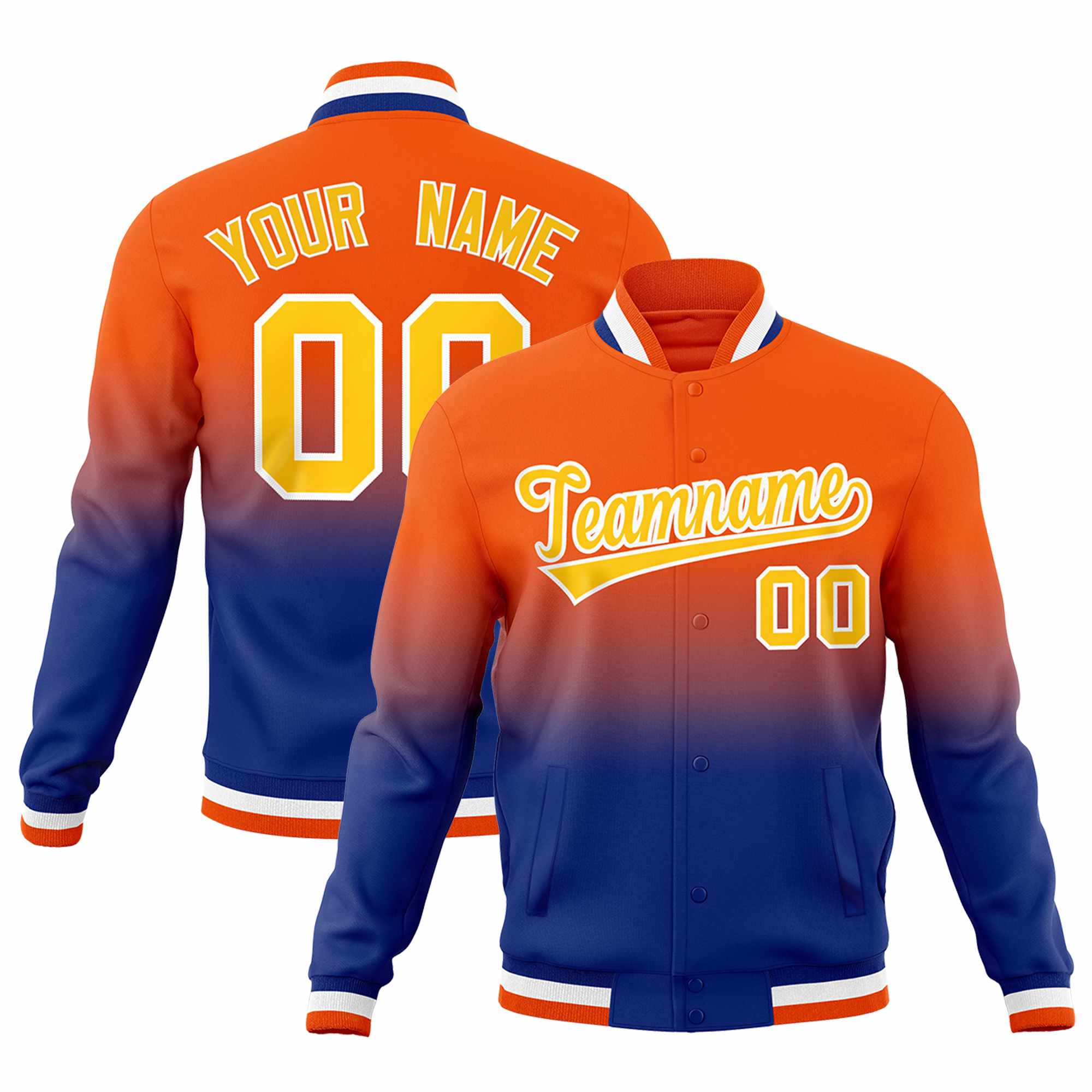 Custom Orange Royal Full-Snap Varsity Personalization Gradient Fashion Letterman Jacket| KXKSHOP