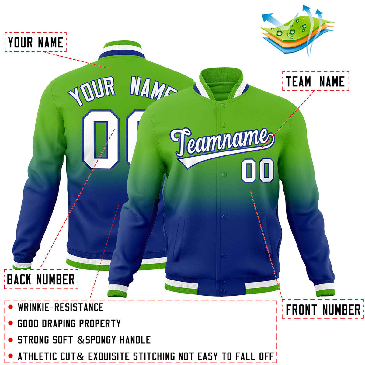 Custom Royal Green Full-Snap Varsity Personalization Gradient Fashion Letterman Jacket| KXKSHOP