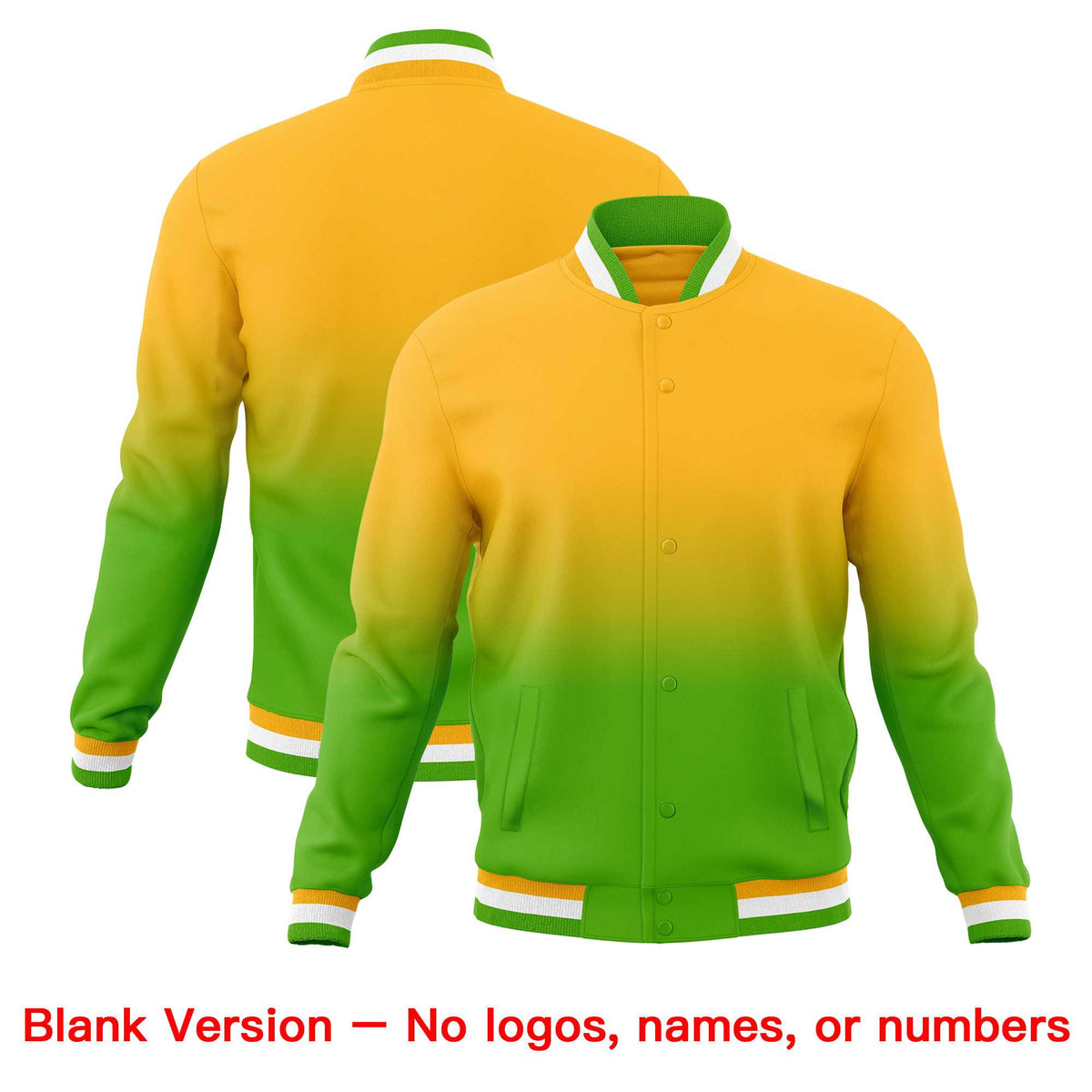 Custom Gold Green Full-Snap Varsity Personalization Gradient Fashion Letterman Jacket| KXKSHOP