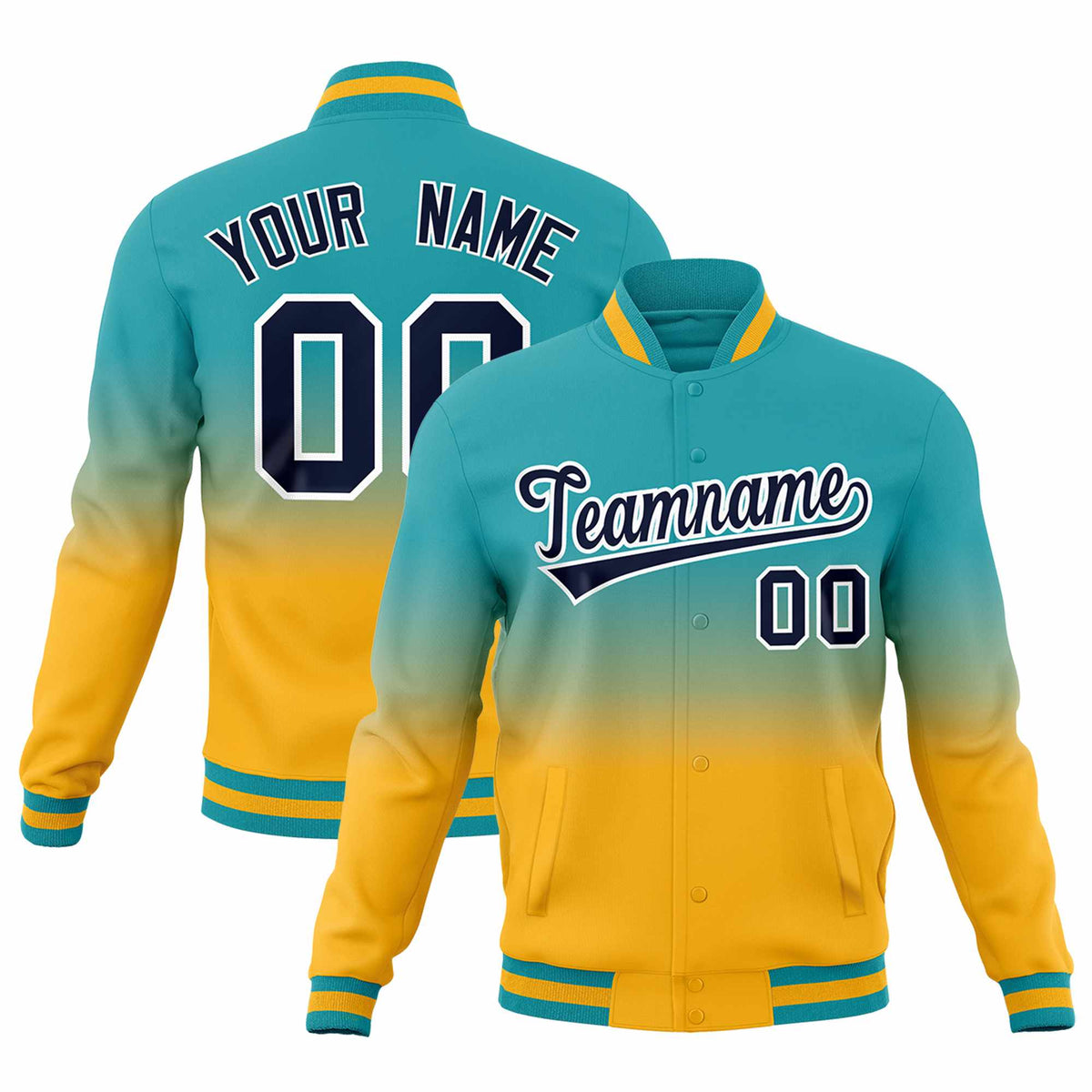 Custom Aqua Gold Full-Snap Varsity Personalization Gradient Fashion Letterman Jacket| KXKSHOP