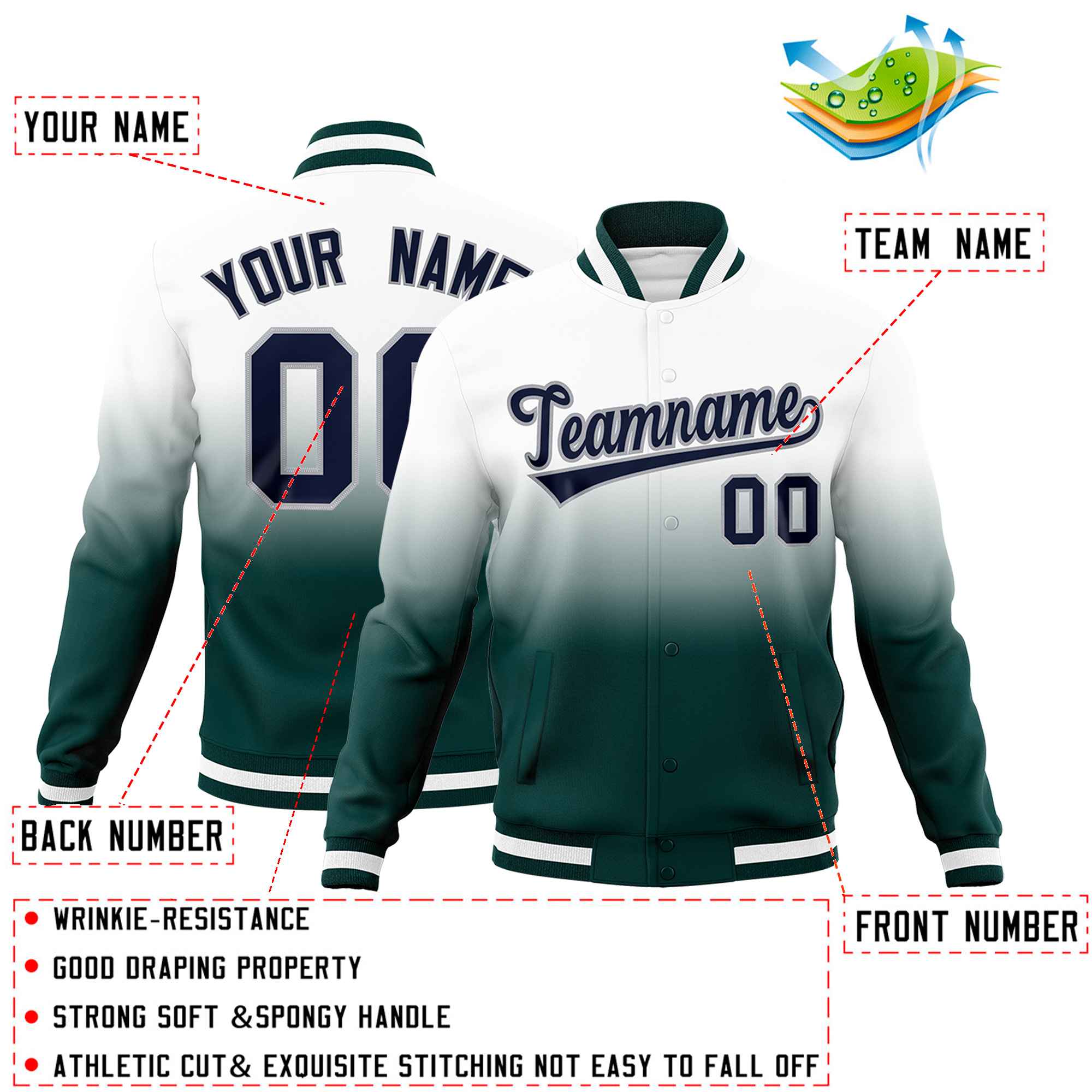 Custom White Midnight Green Full-Snap Varsity Personalization Gradient Fashion Letterman Jacket| KXKSHOP