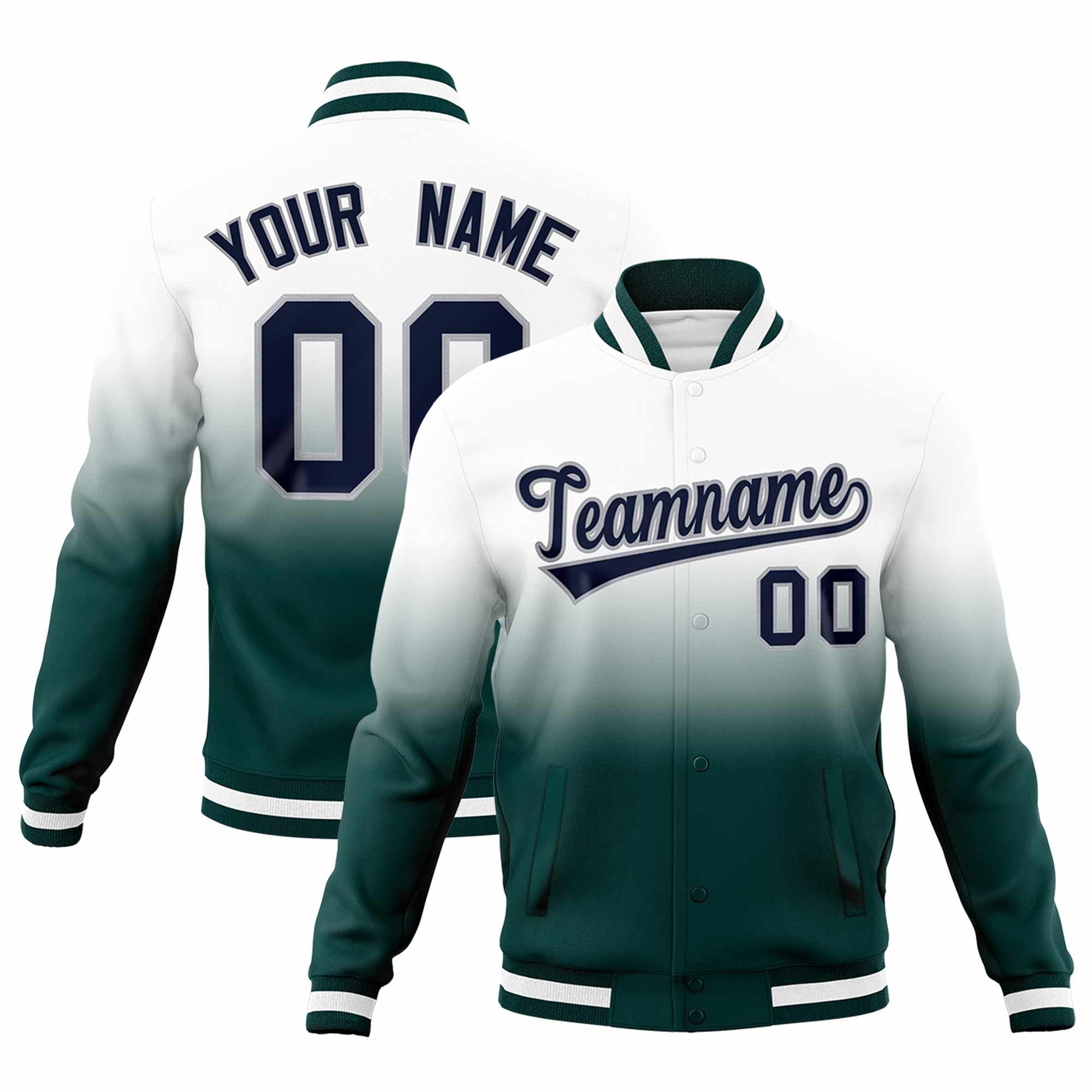 Custom White Midnight Green Full-Snap Varsity Personalization Gradient Fashion Letterman Jacket| KXKSHOP