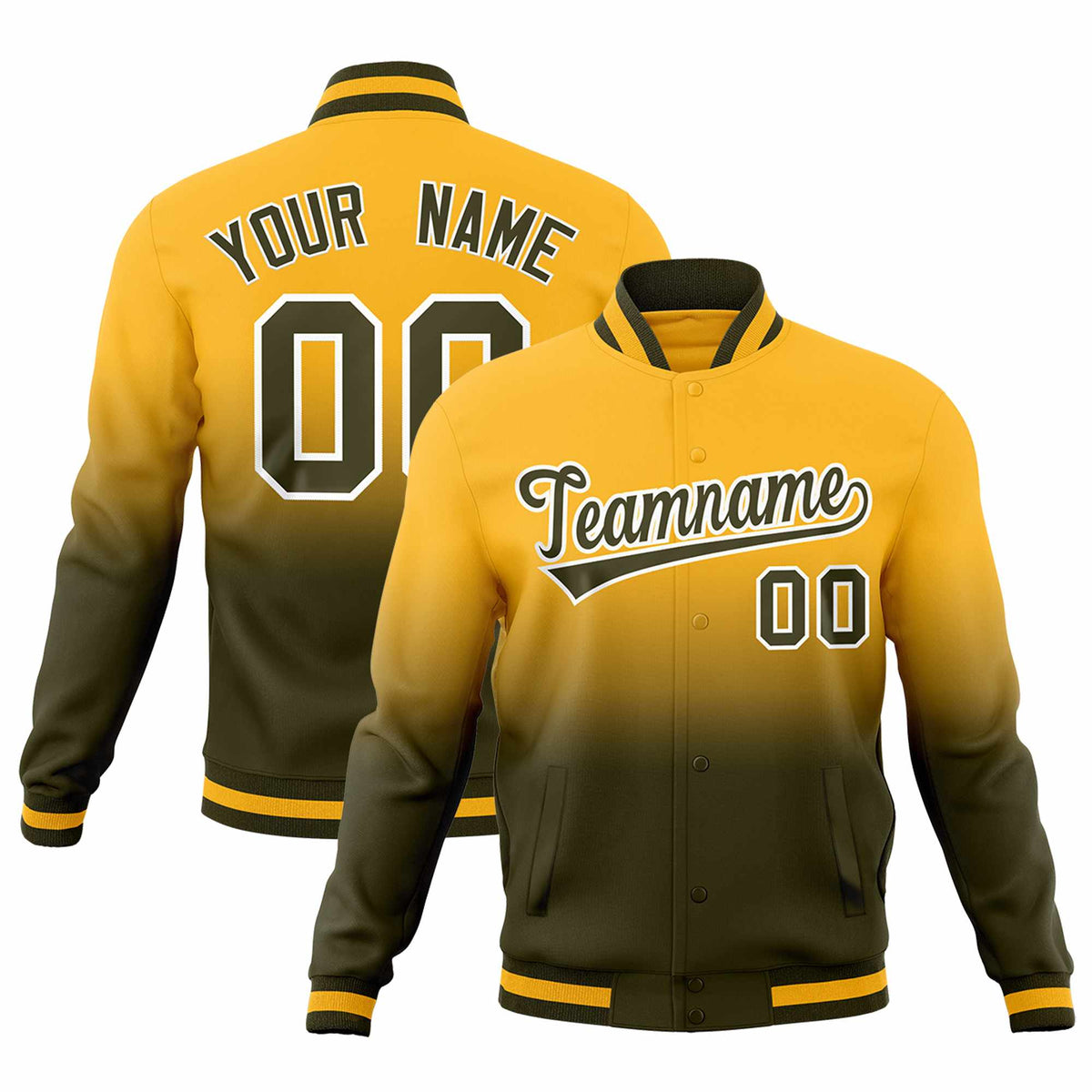 Custom Gold Olive Full-Snap Varsity Personalization Gradient Fashion Letterman Jacket| KXKSHOP