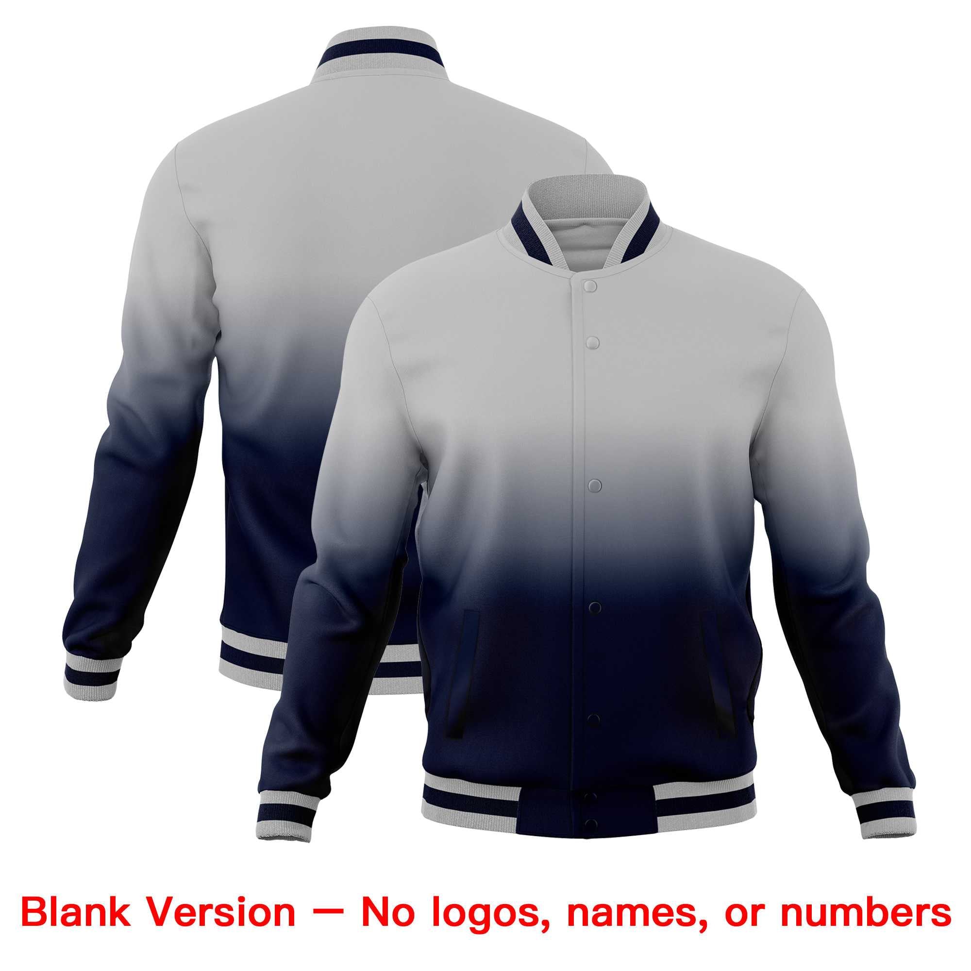 Custom Gray Navy Full-Snap Varsity Personalization Gradient Fashion Letterman Jacket| KXKSHOP