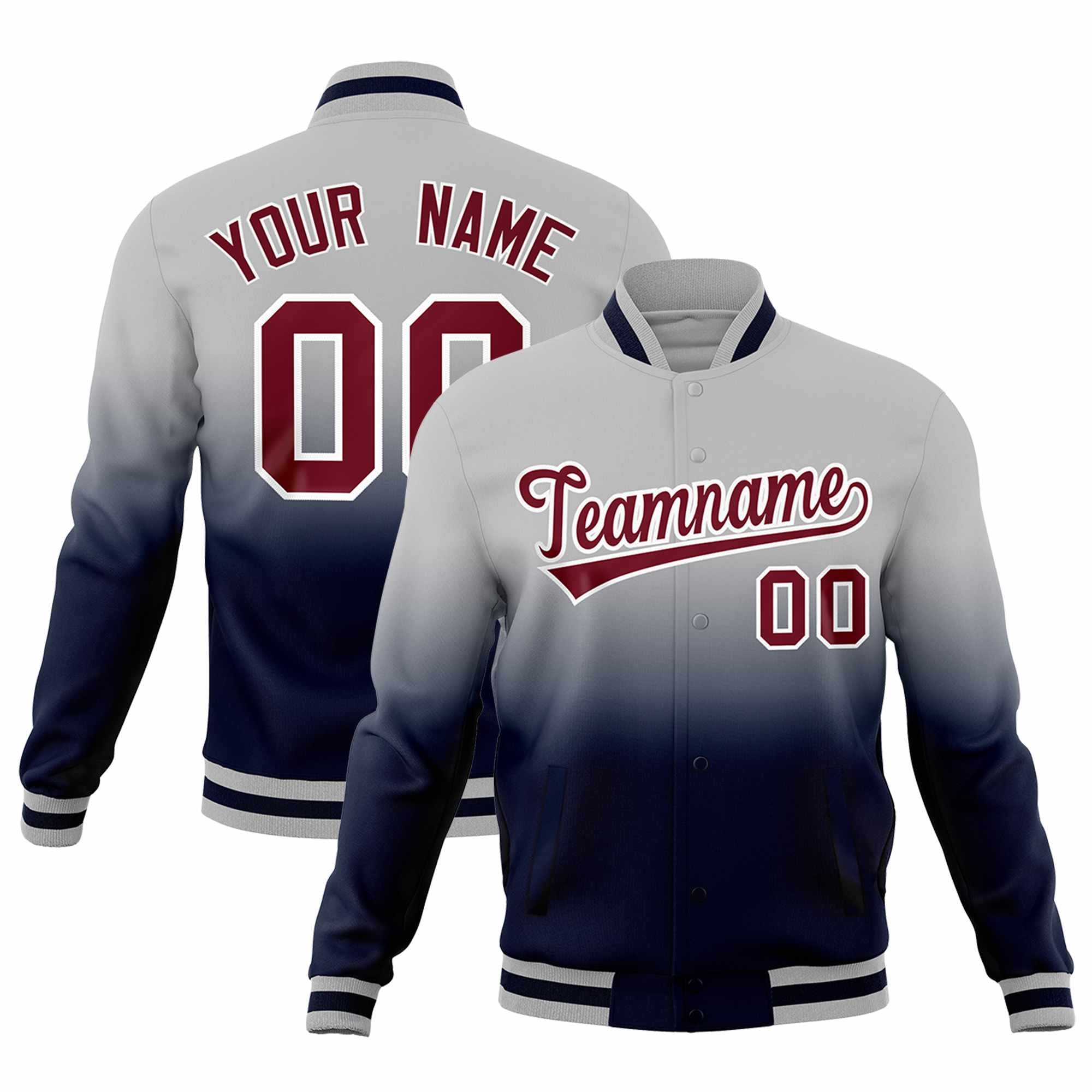 Custom Gray Navy Full-Snap Varsity Personalization Gradient Fashion Letterman Jacket| KXKSHOP
