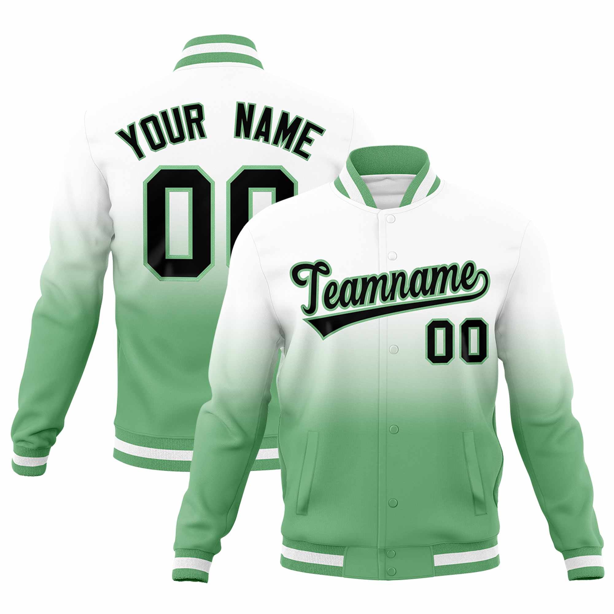 Custom White Green Full-Snap Varsity Personalization Gradient Fashion Letterman Jacket| KXKSHOP