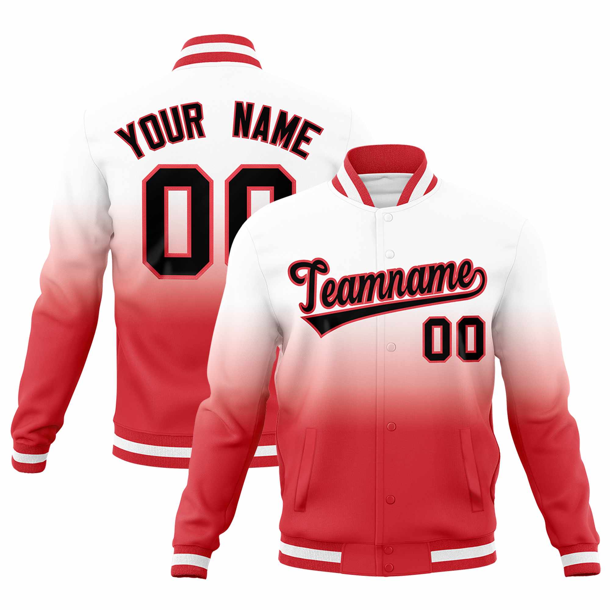 Custom White Light Red Full-Snap Varsity Personalization Gradient Fashion Letterman Jacket| KXKSHOP