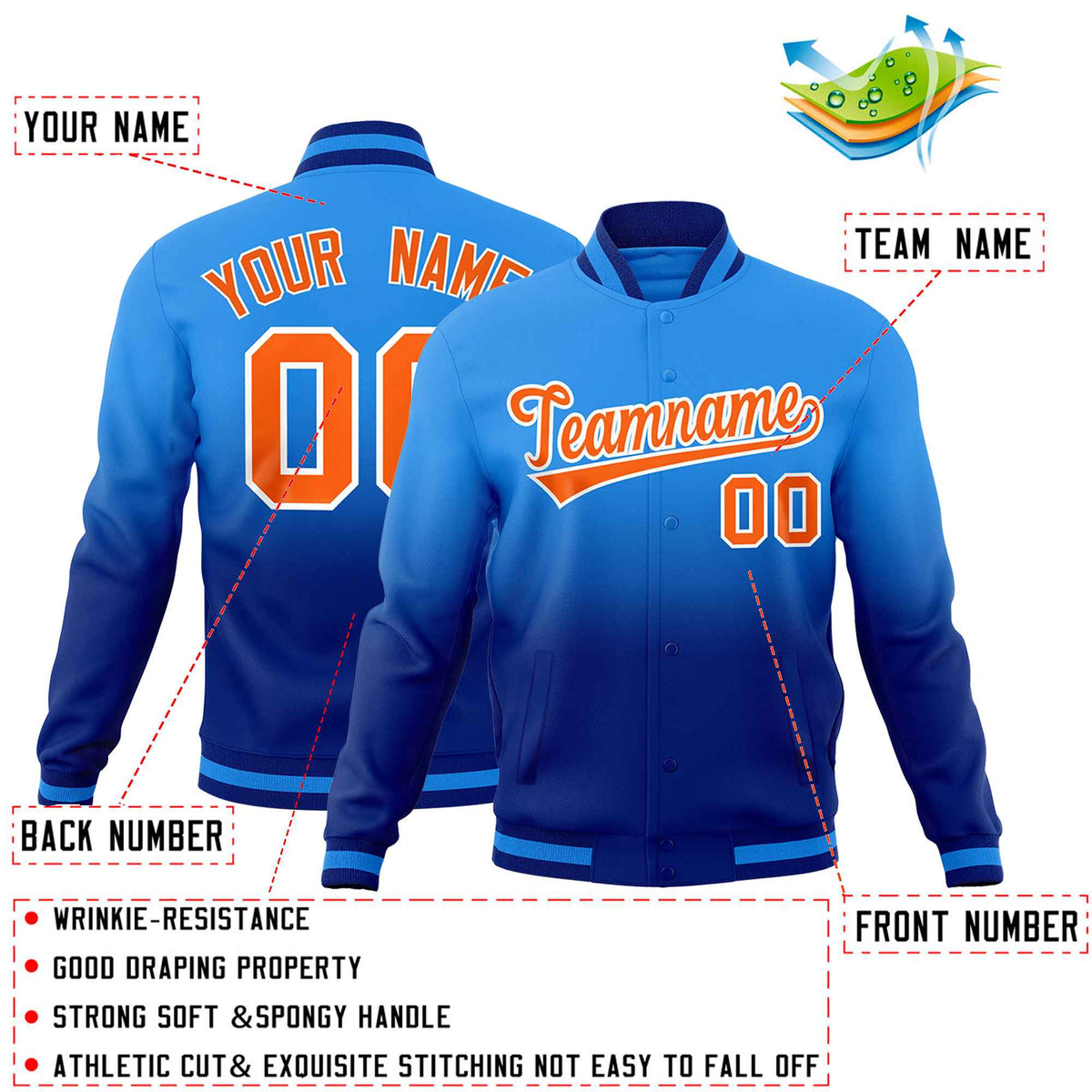 Custom Powder Blue Royal Full-Snap Varsity Personalization Gradient Fashion Letterman Jacket| KXKSHOP
