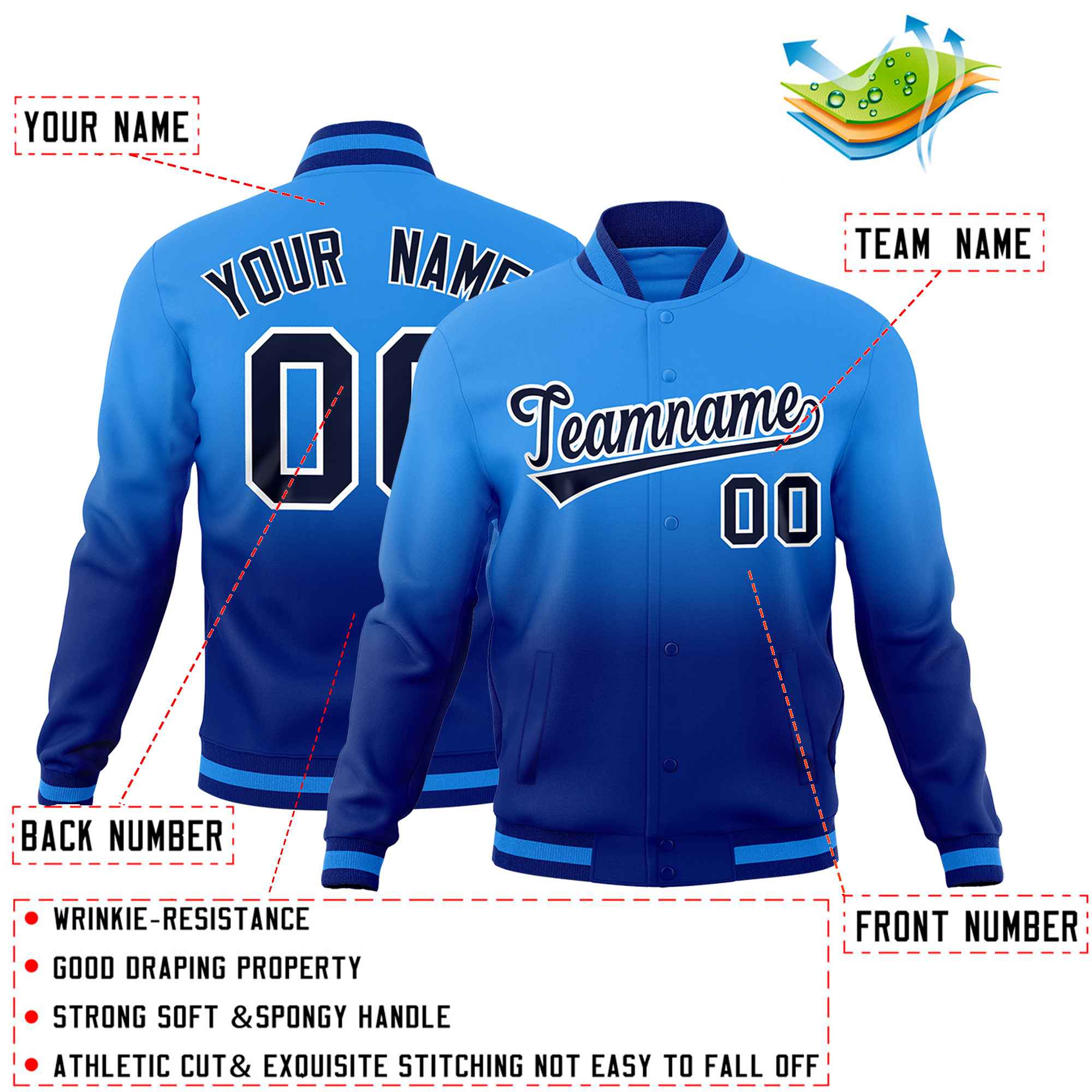 Custom Powder Blue Royal Full-Snap Varsity Personalization Gradient Fashion Letterman Jacket| KXKSHOP