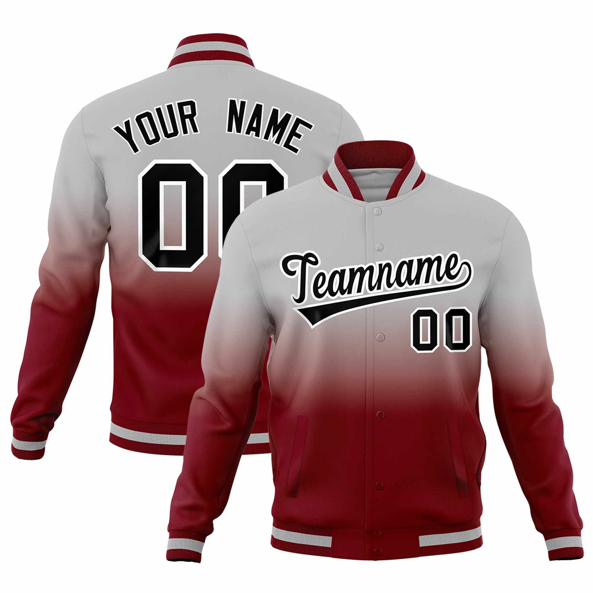 Custom Gray Crimson Full-Snap Varsity Personalization Gradient Fashion Letterman Jacket| KXKSHOP