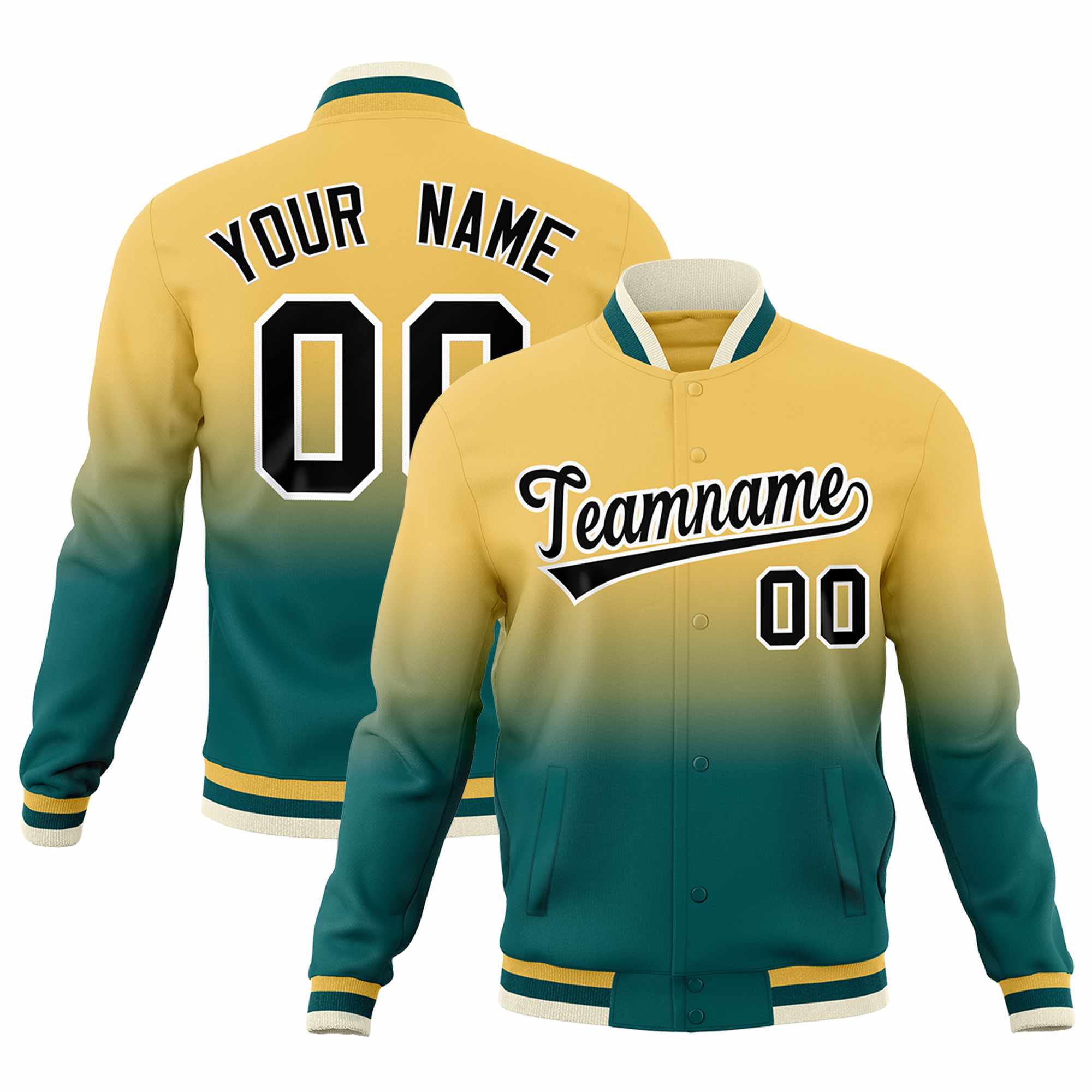Custom Khaki Teal Full-Snap Varsity Personalization Gradient Fashion Letterman Jacket| KXKSHOP