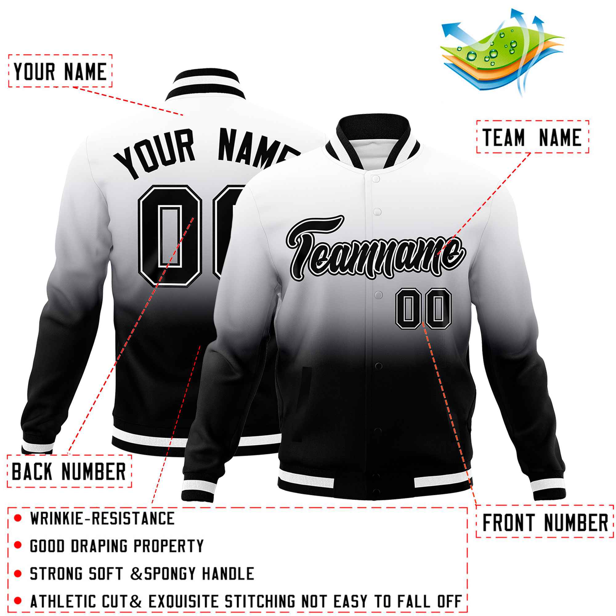 Custom Black White Full-Snap Varsity Personalization Gradient Fashion Letterman Jacket