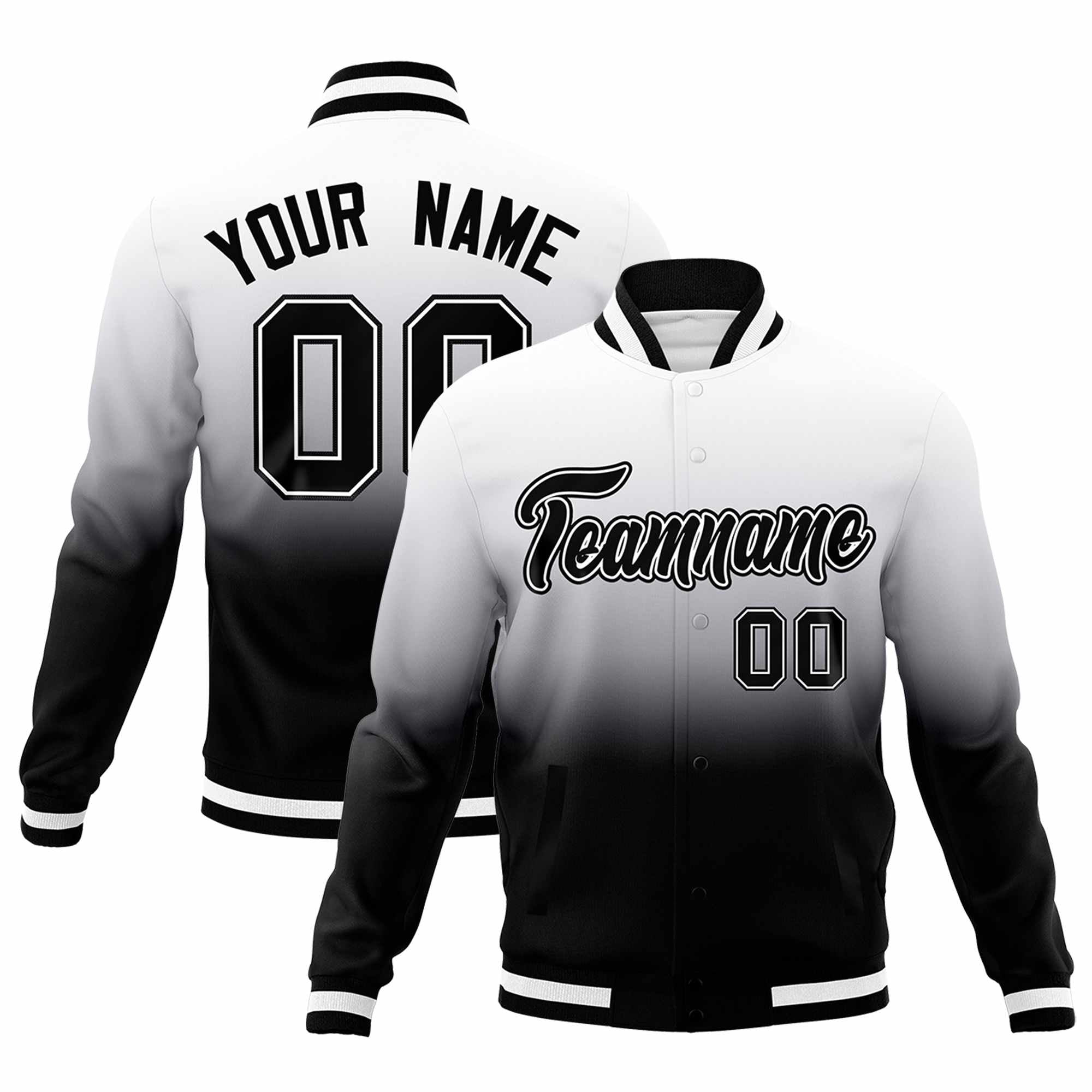 Custom Black White Full-Snap Varsity Personalization Gradient Fashion Letterman Jacket