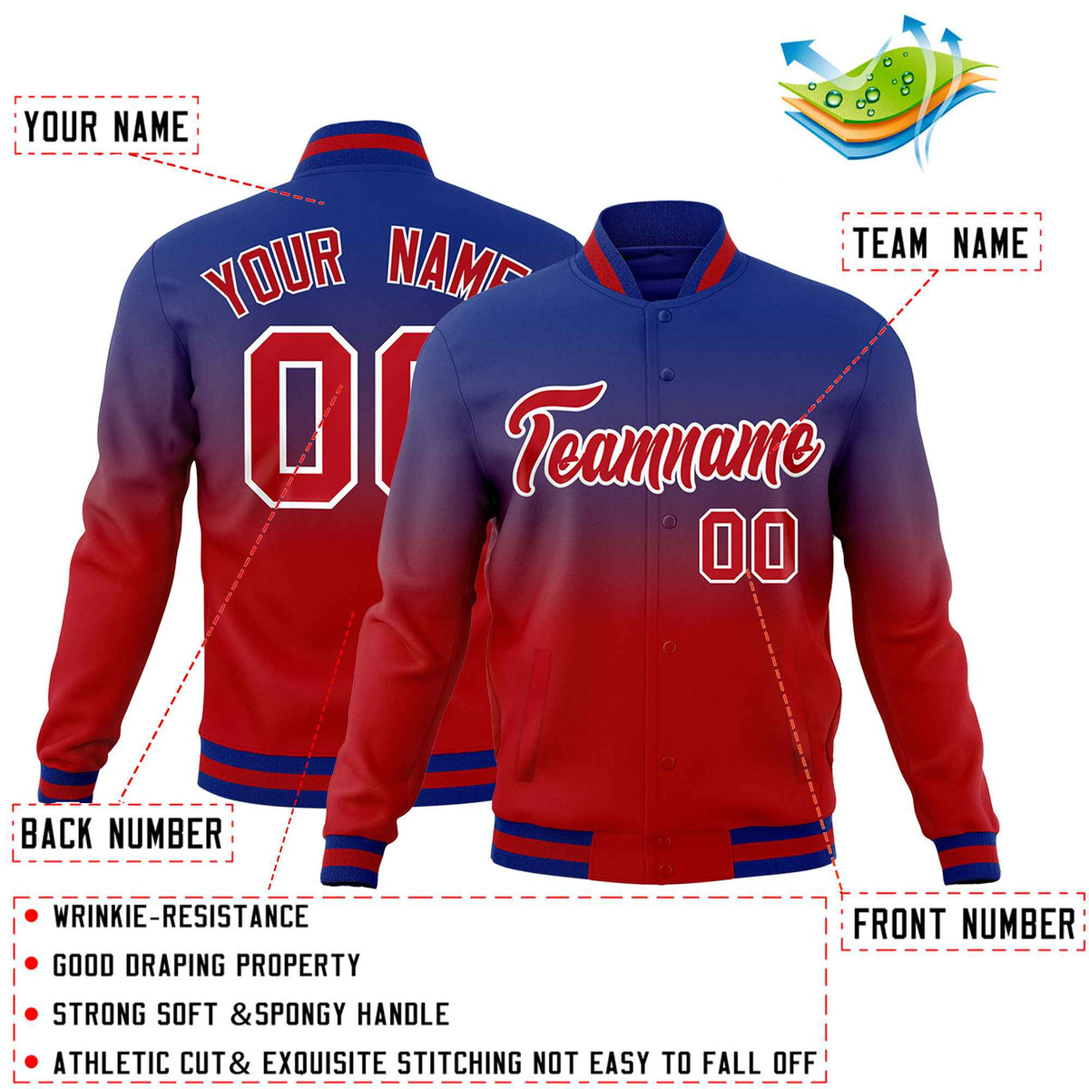 Custom Royal Red Full-Snap Varsity Personalization Gradient Fashion Letterman Jacket