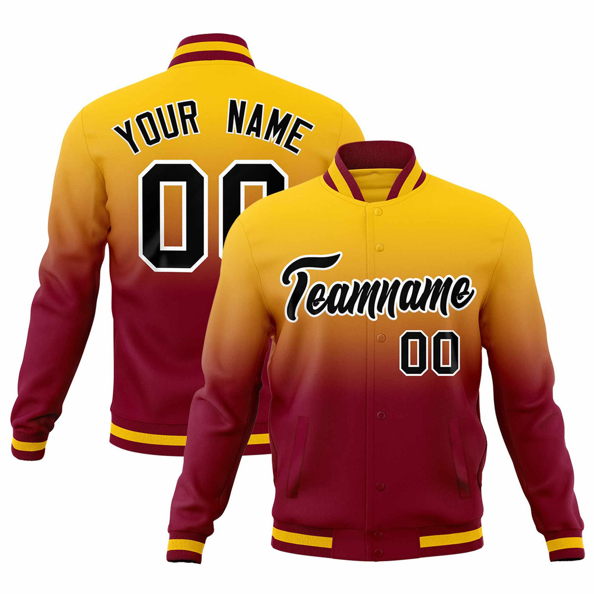 Custom Yellow Crimson Full-Snap Varsity Personalization Gradient Fashion Letterman Jacket