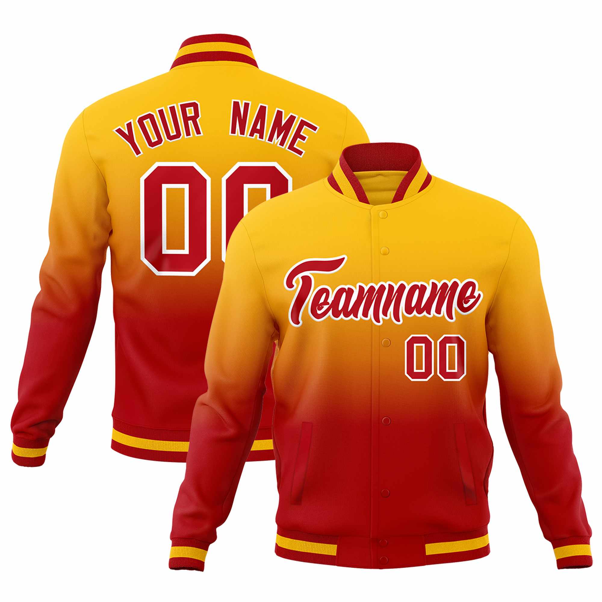 Custom Yellow Red Full-Snap Varsity Personalization Gradient Fashion Letterman Jacket