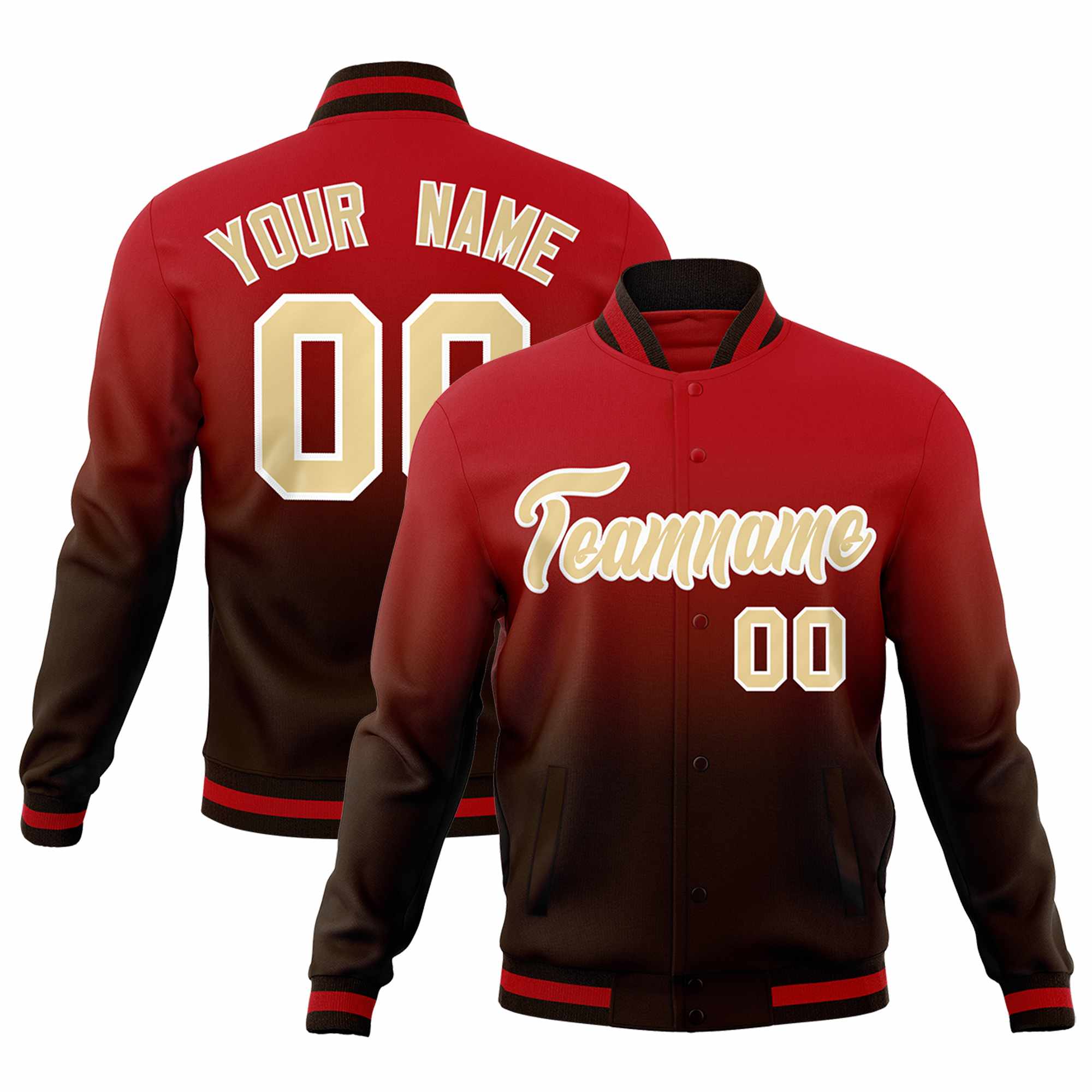 Custom Brown Red Full-Snap Varsity Personalization Gradient Fashion Letterman Jacket