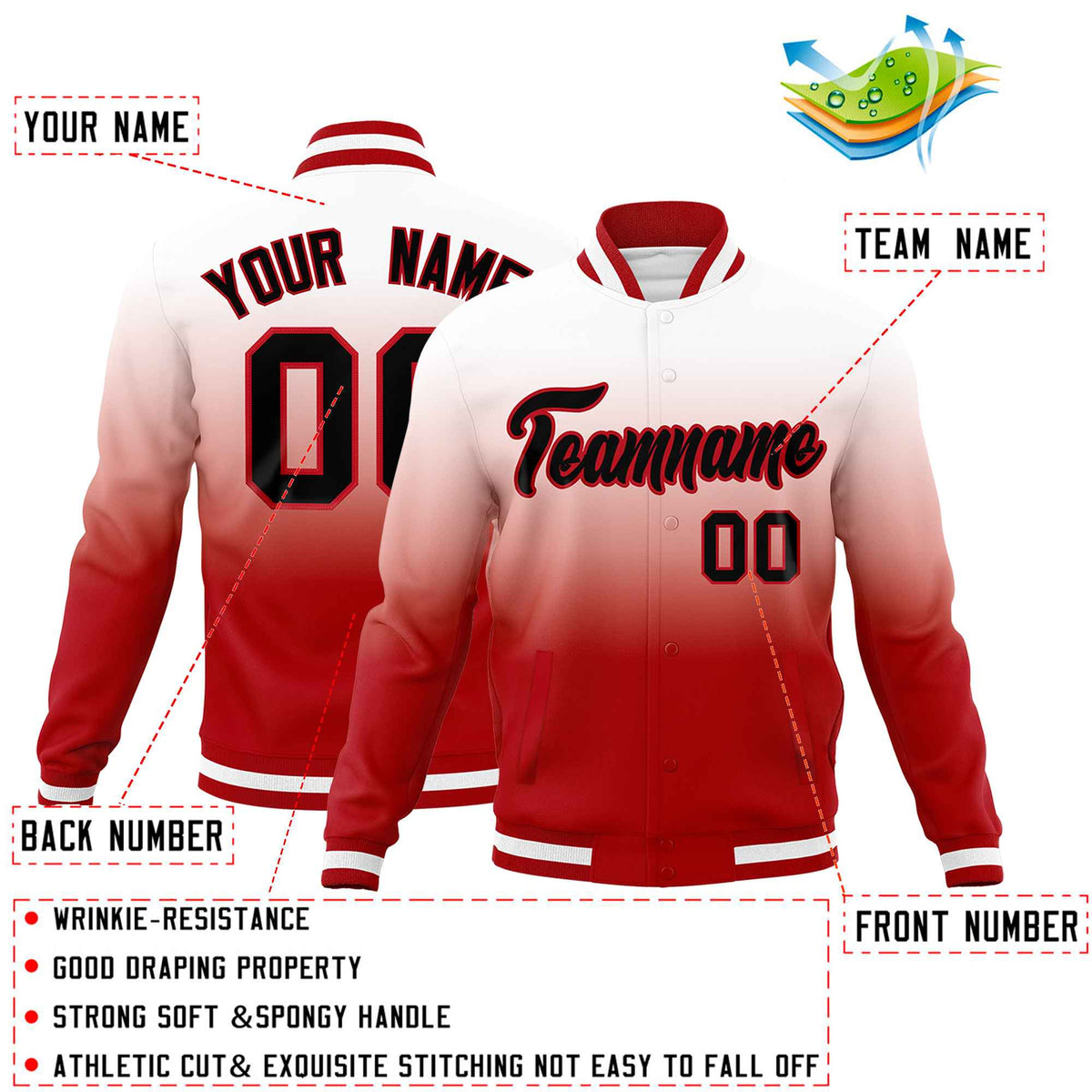 Custom White Red Full-Snap Varsity Personalization Gradient Fashion Letterman Jacket