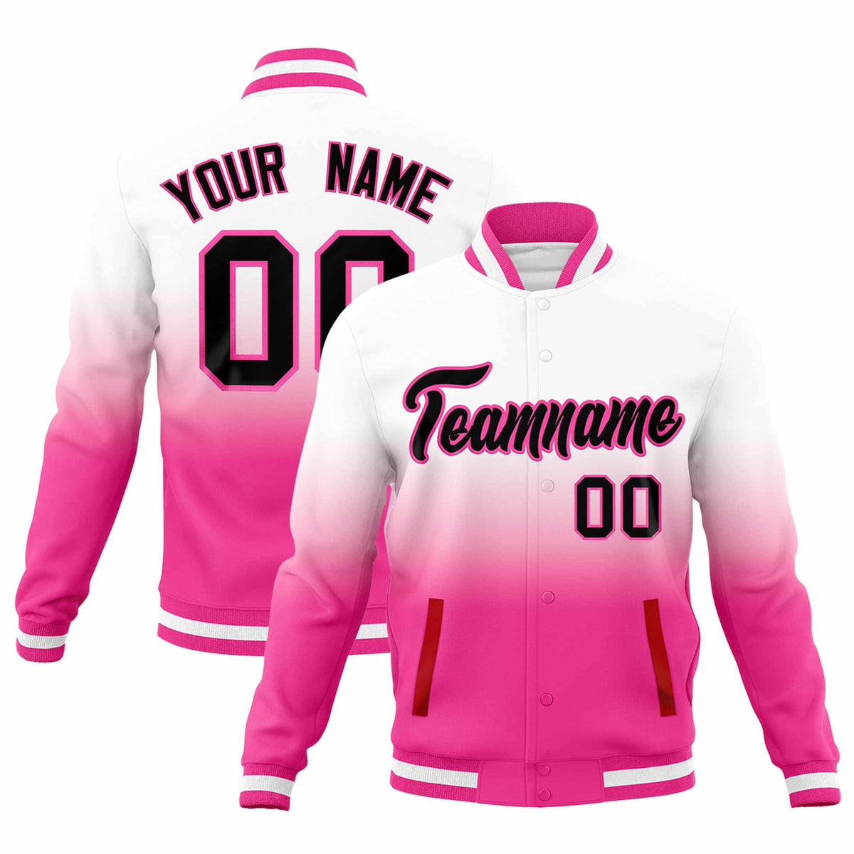 Custom White Pink Full-Snap Varsity Personalization Gradient Fashion Letterman Jacket