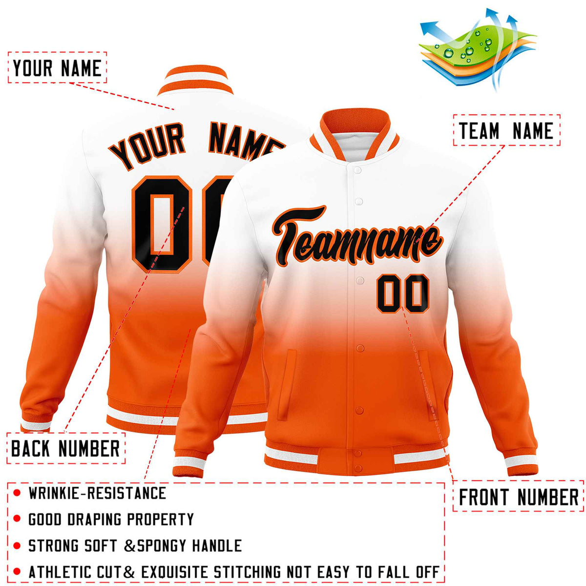 Custom White Orange Full-Snap Varsity Personalization Gradient Fashion Letterman Jacket
