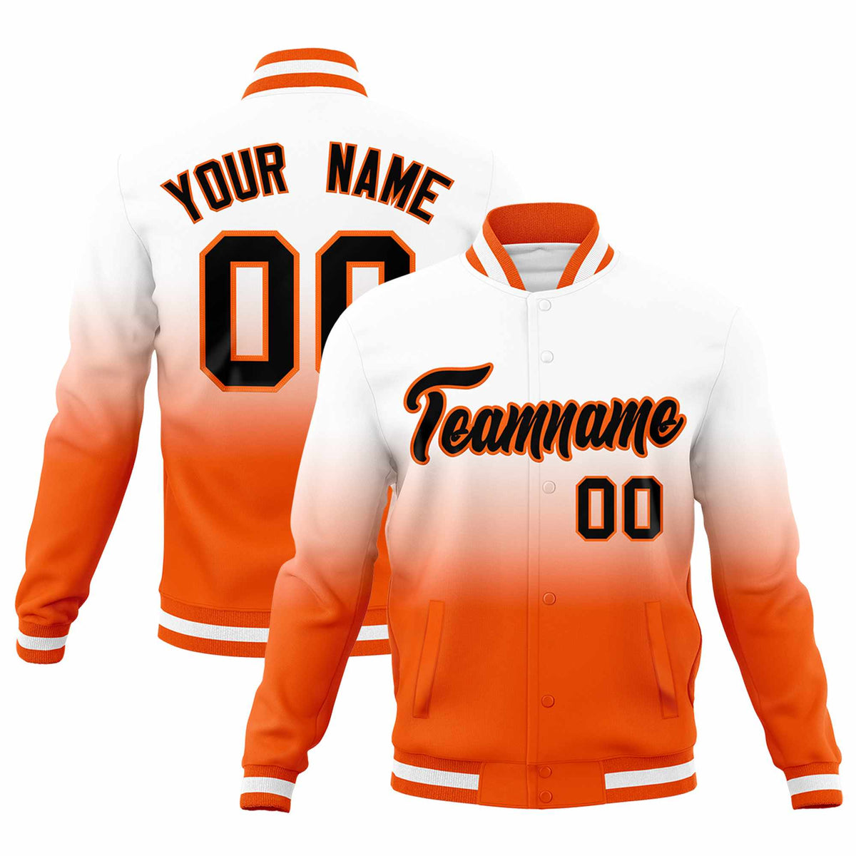 Custom White Orange Full-Snap Varsity Personalization Gradient Fashion Letterman Jacket