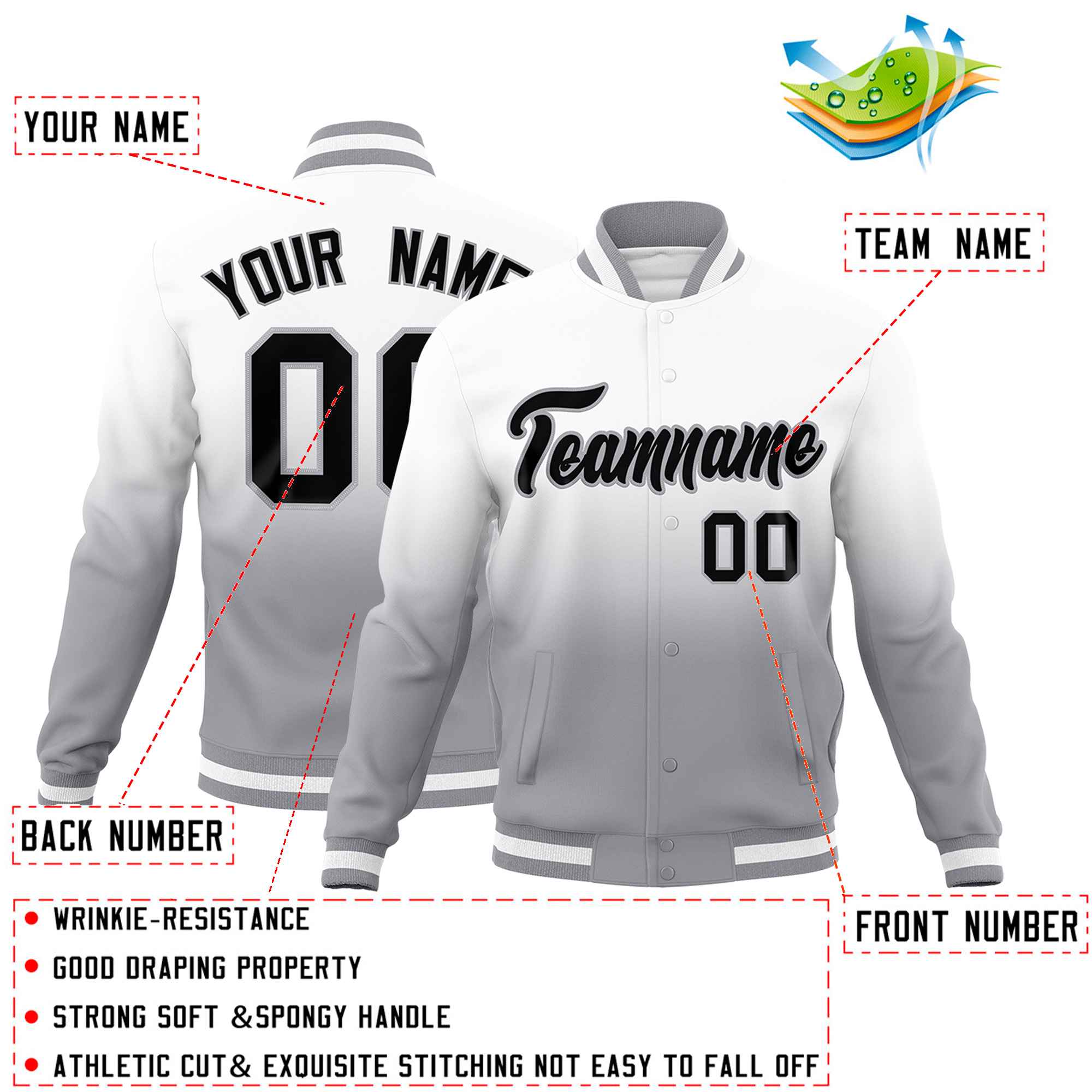 Custom White Gray Full-Snap Varsity Personalization Gradient Fashion Letterman Jacket