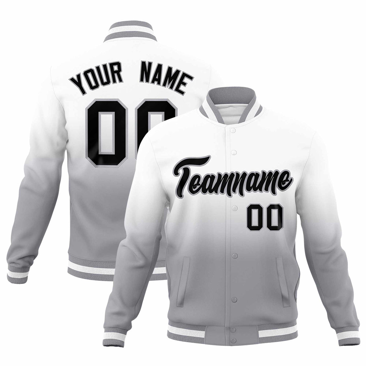Custom White Gray Full-Snap Varsity Personalization Gradient Fashion Letterman Jacket