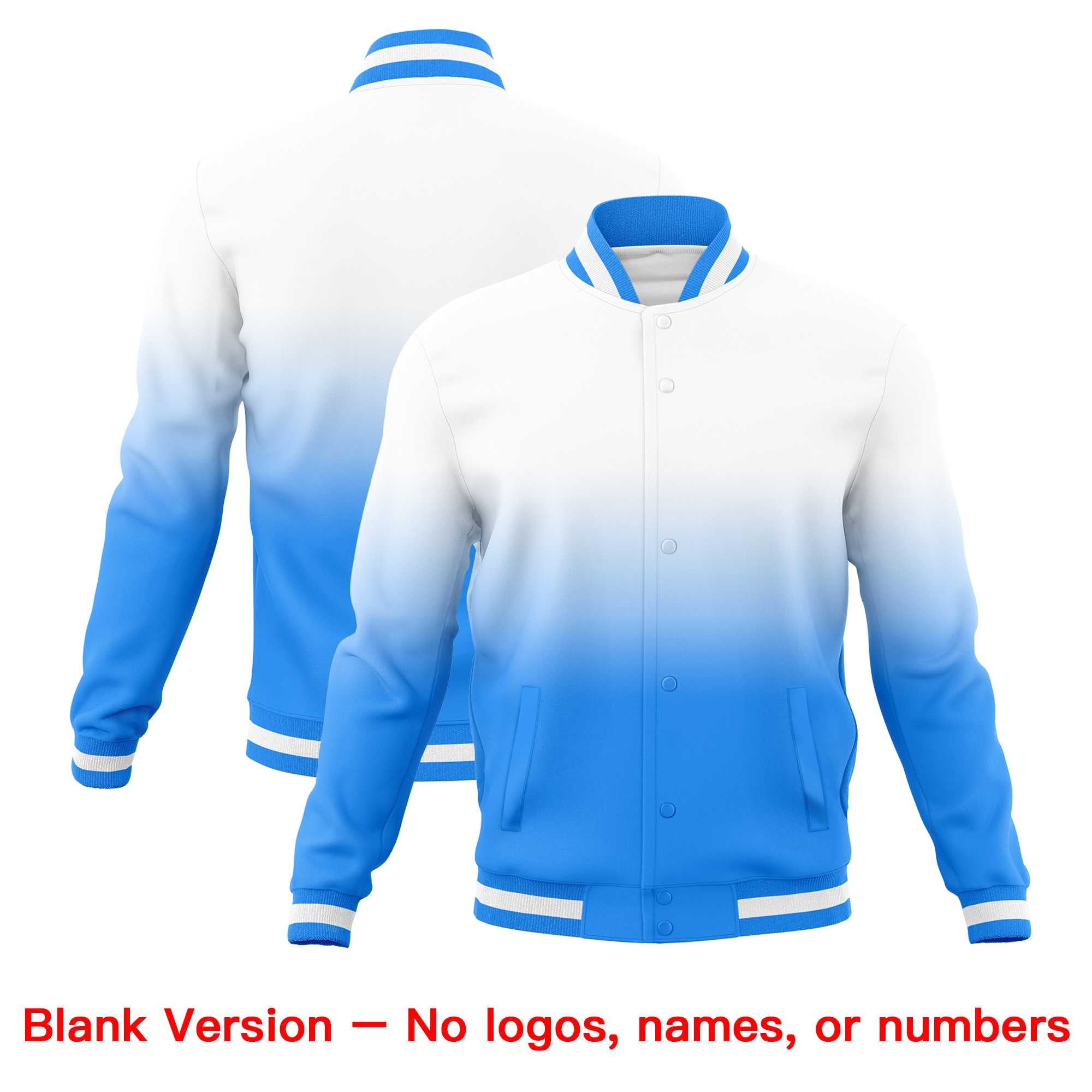 Custom White Powder Blue Full-Snap Varsity Personalization Gradient Fashion Letterman Jacket