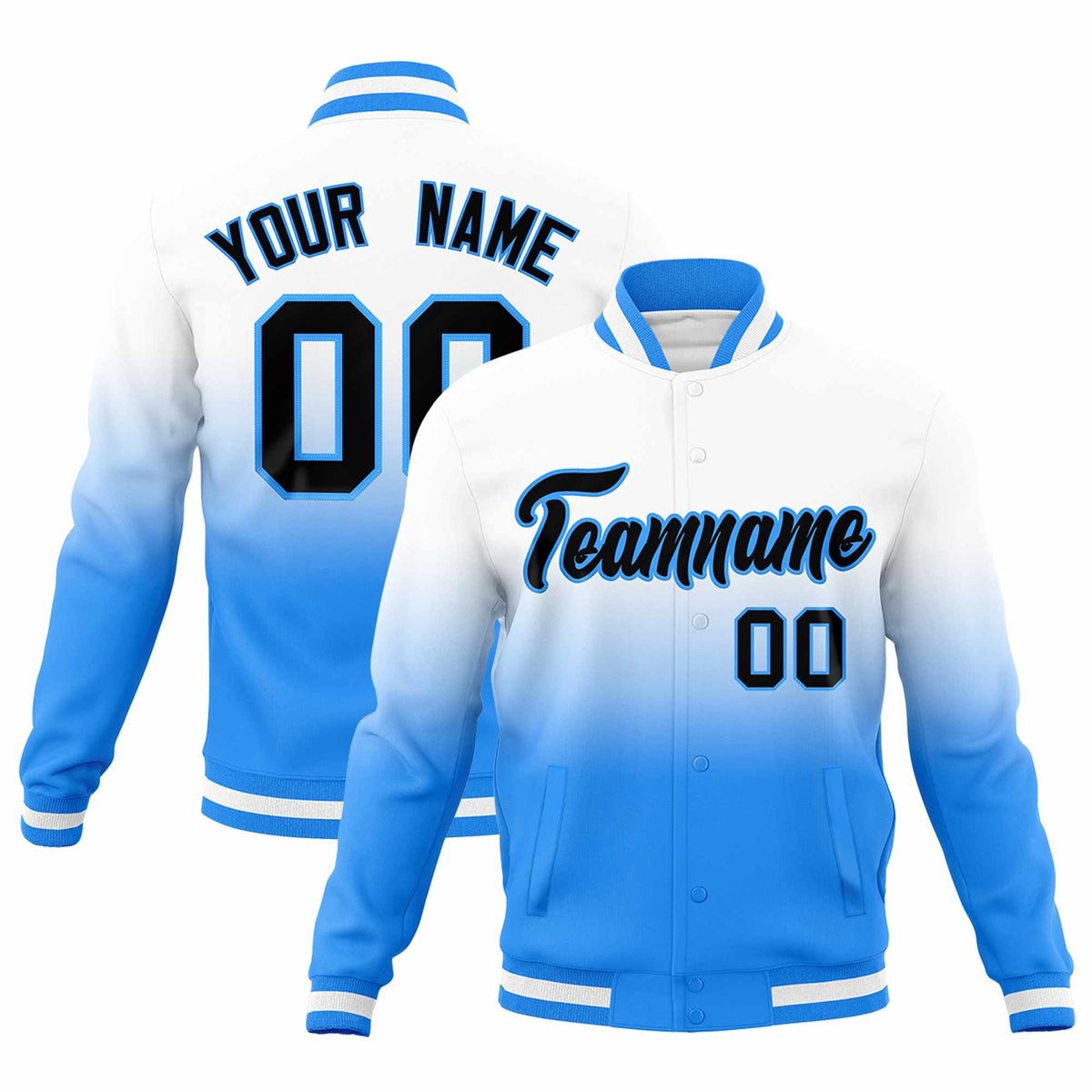 Custom White Powder Blue Full-Snap Varsity Personalization Gradient Fashion Letterman Jacket
