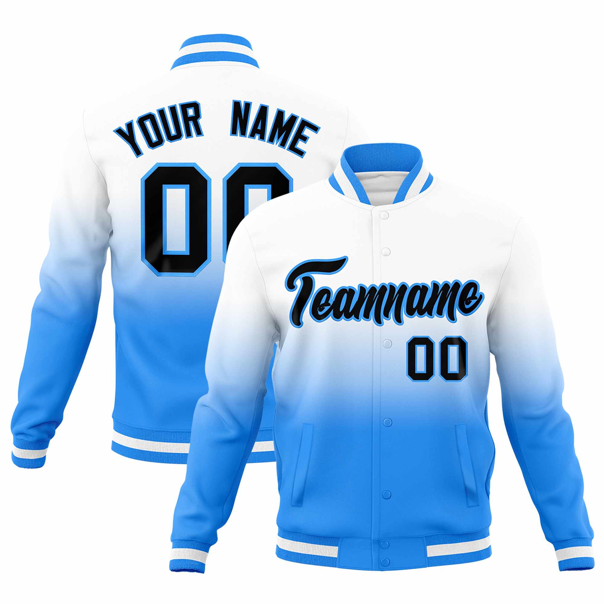 Custom White Powder Blue Full-Snap Varsity Personalization Gradient Fashion Letterman Jacket