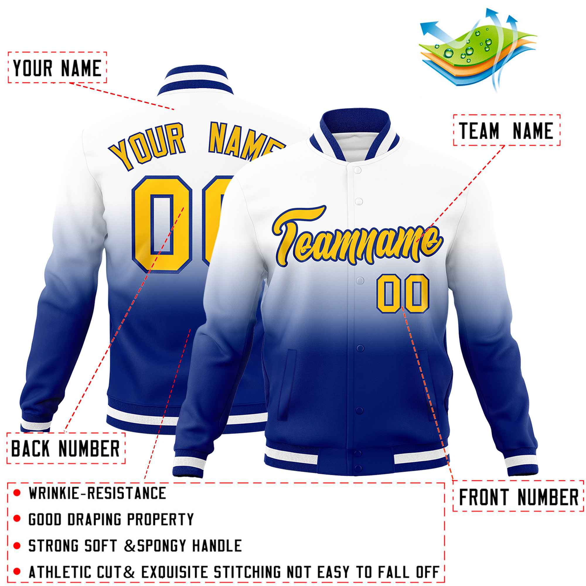 Custom White Royal Full-Snap Varsity Personalization Gradient Fashion Letterman Jacket